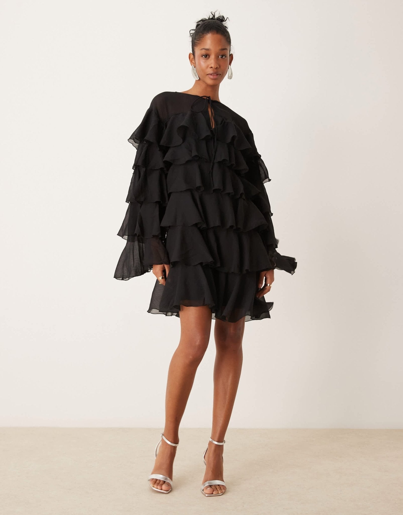 ASOS DESIGN chiffon tiered frill long sleeve mini dress in black - ASOS Sample Sale