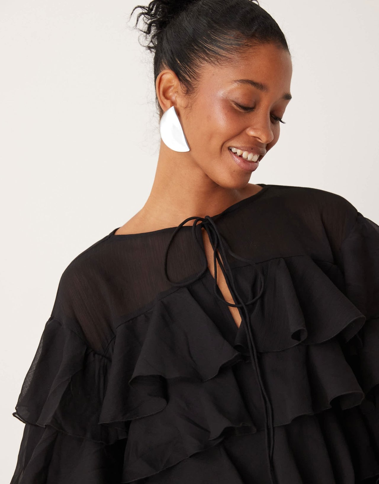ASOS DESIGN chiffon tiered frill long sleeve mini dress in black - ASOS Sample Sale