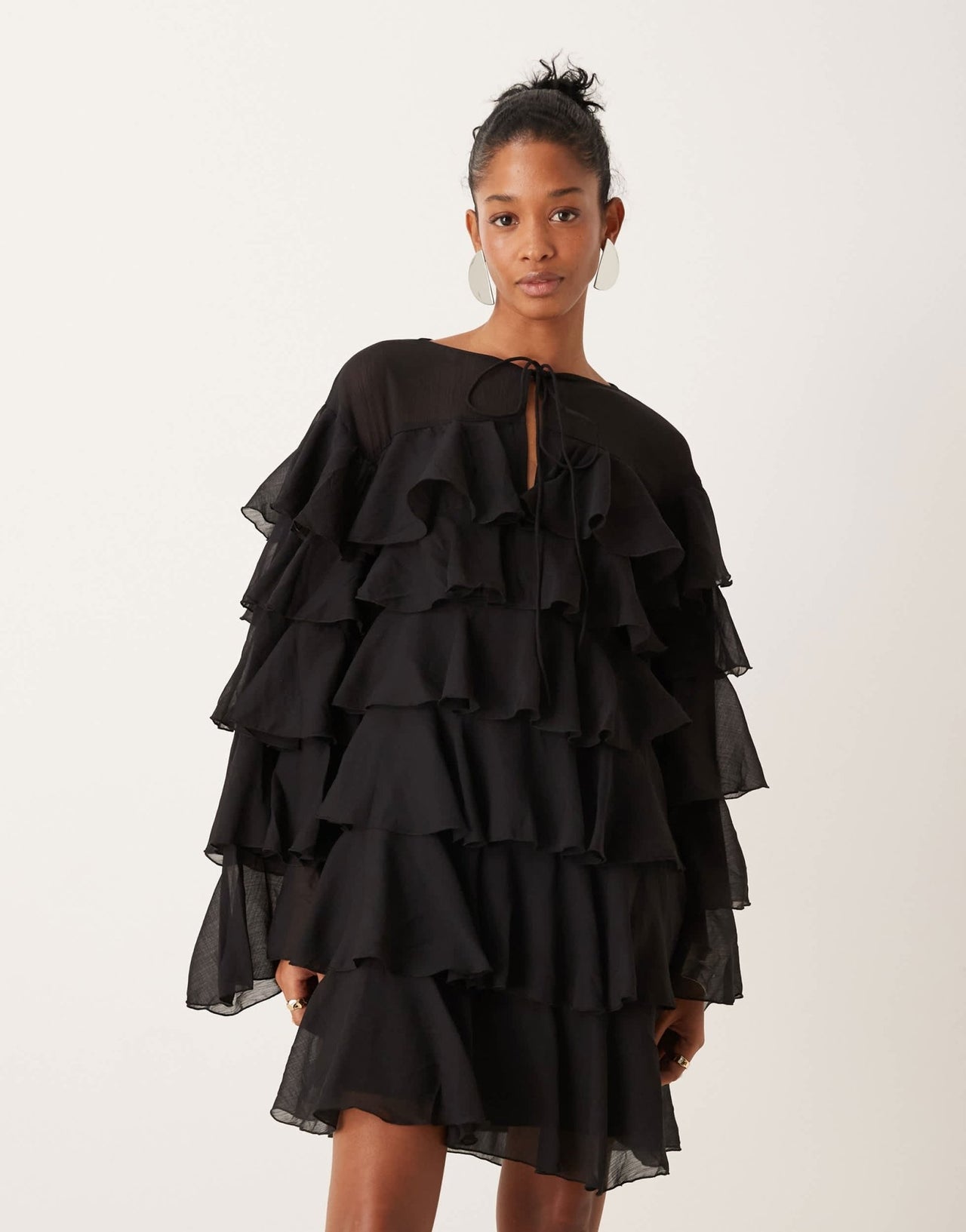 ASOS DESIGN chiffon tiered frill long sleeve mini dress in black - ASOS Sample Sale
