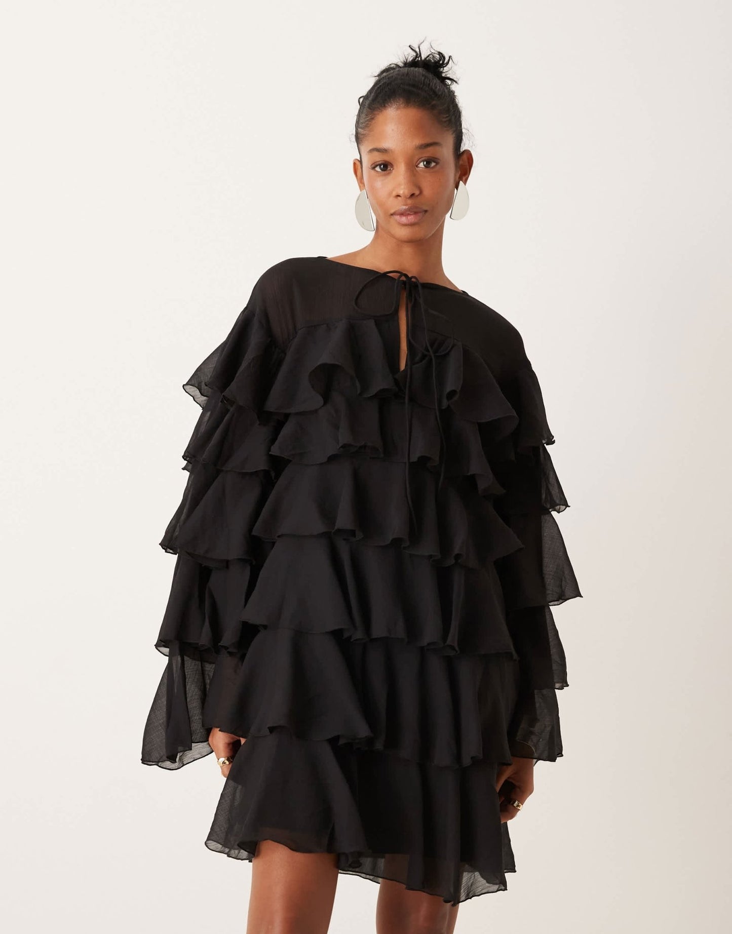 ASOS DESIGN chiffon tiered frill long sleeve mini dress in black - ASOS Sample Sale