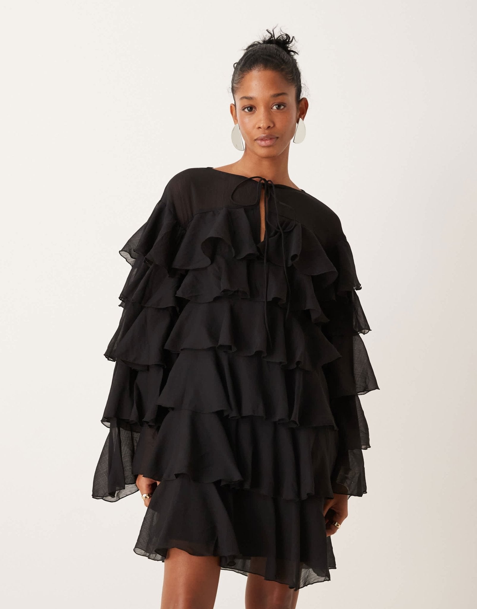 ASOS DESIGN chiffon tiered frill long sleeve mini dress in black - ASOS Sample Sale