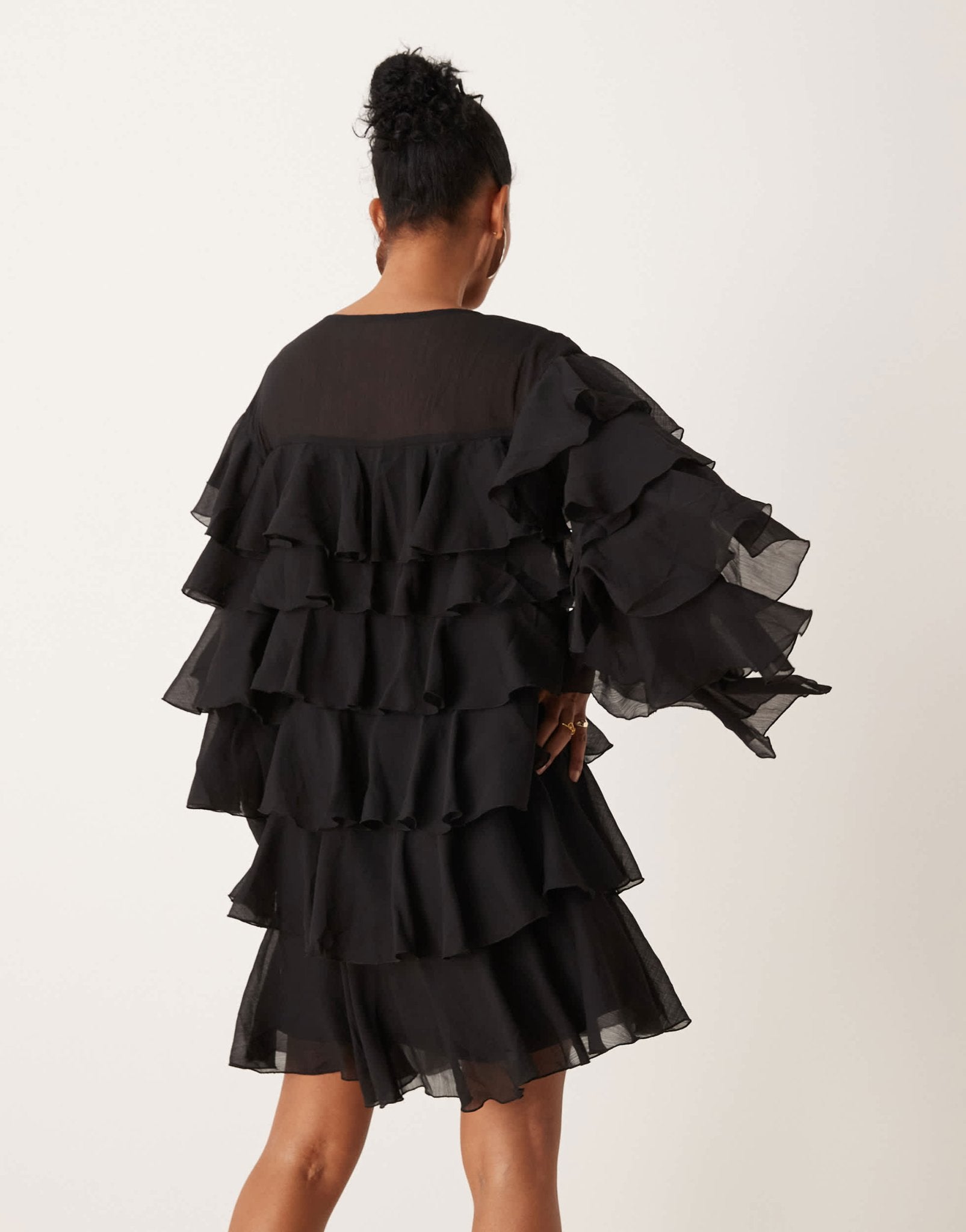 ASOS DESIGN chiffon tiered frill long sleeve mini dress in black - ASOS Sample Sale