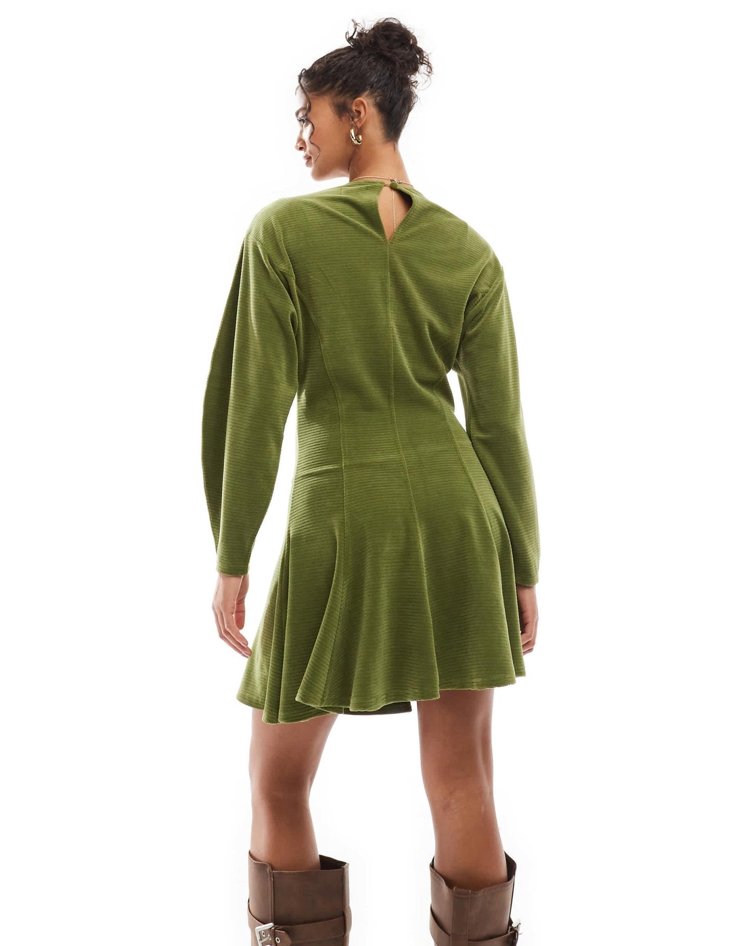 ASOS DESIGN chunky cord flare hem keyhole back mini dress in green - ASOS Sample Sale