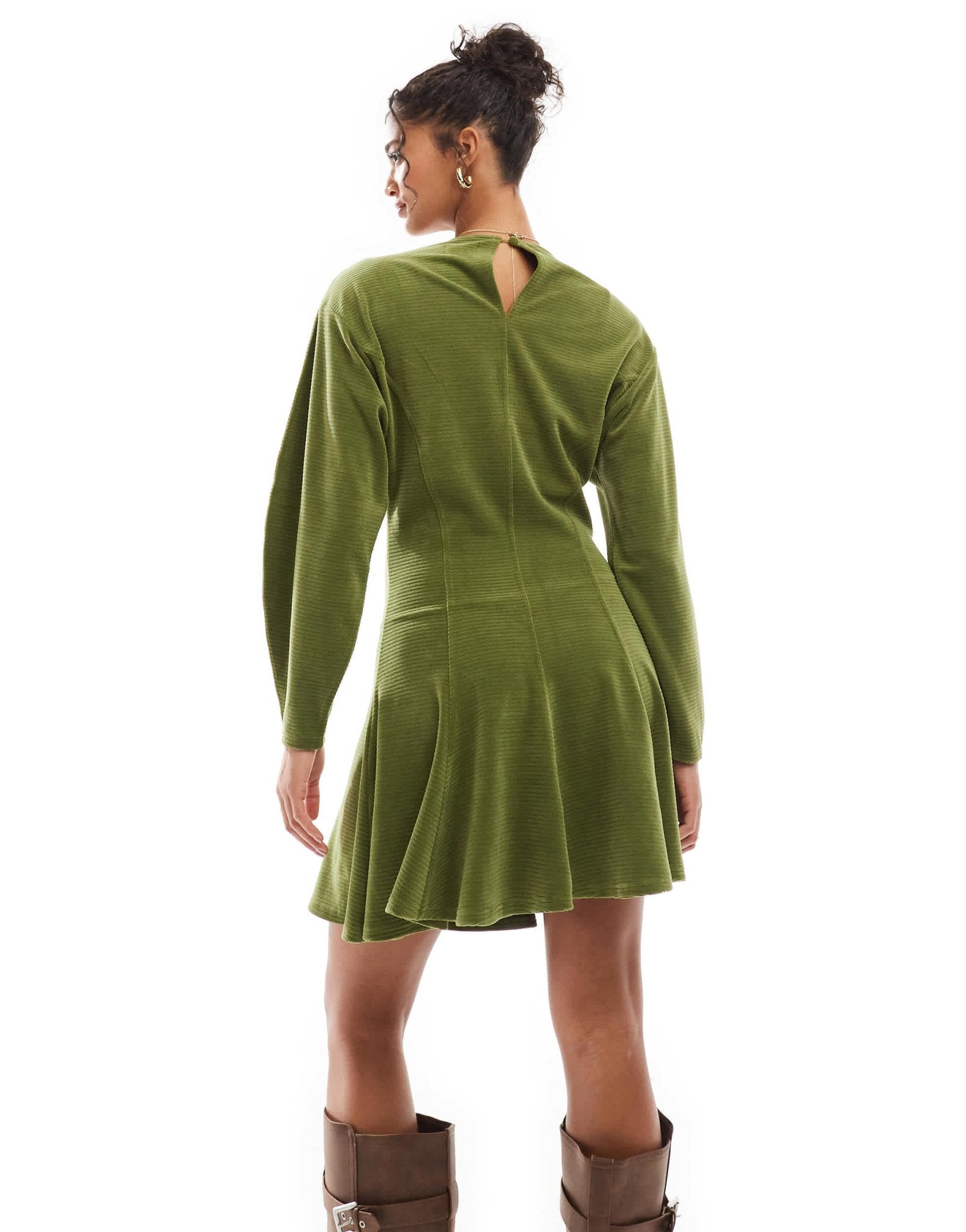 ASOS DESIGN chunky cord flare hem keyhole back mini dress in green - ASOS Sample Sale
