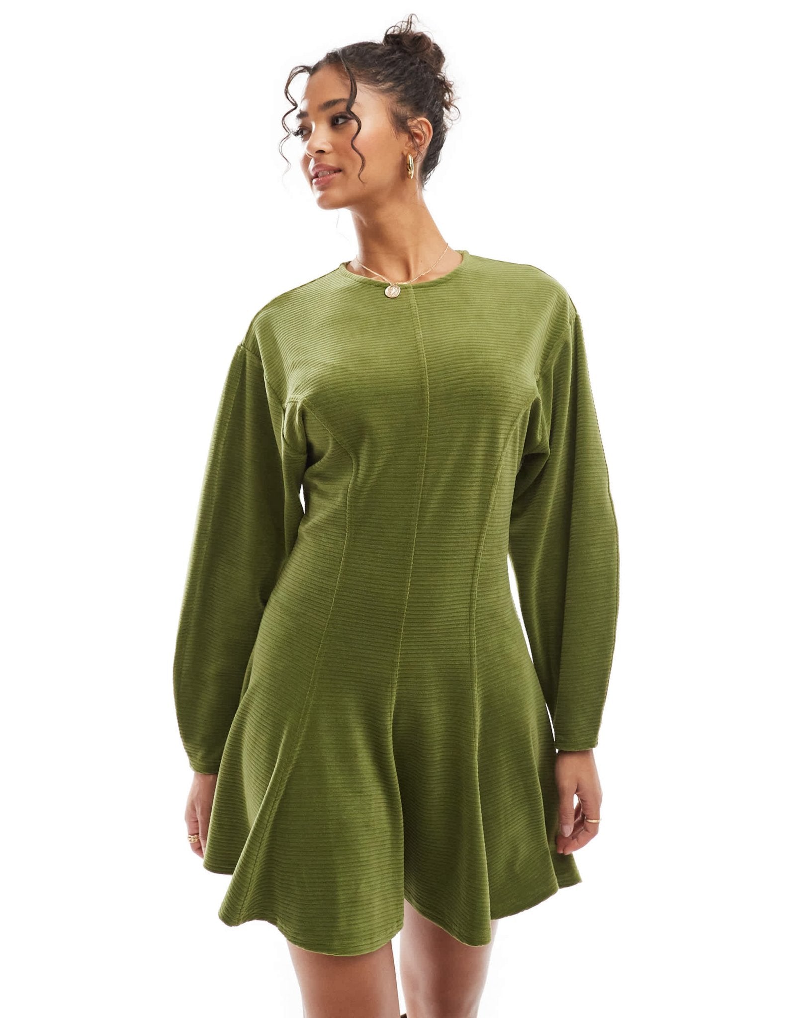 ASOS DESIGN chunky cord flare hem keyhole back mini dress in green - ASOS Sample Sale