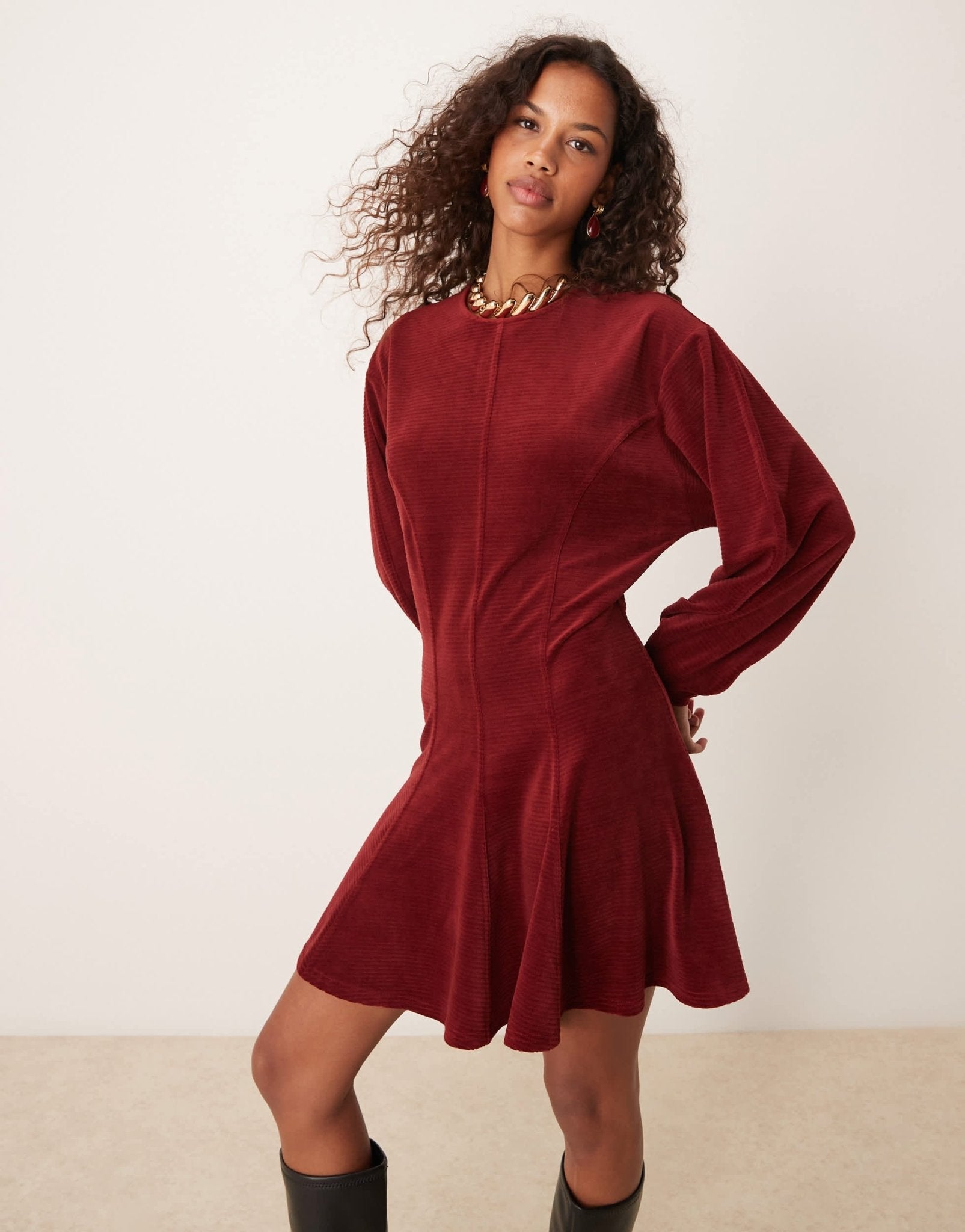 ASOS DESIGN chunky cord flare hem keyhole back mini dress in rust - ASOS Sample Sale