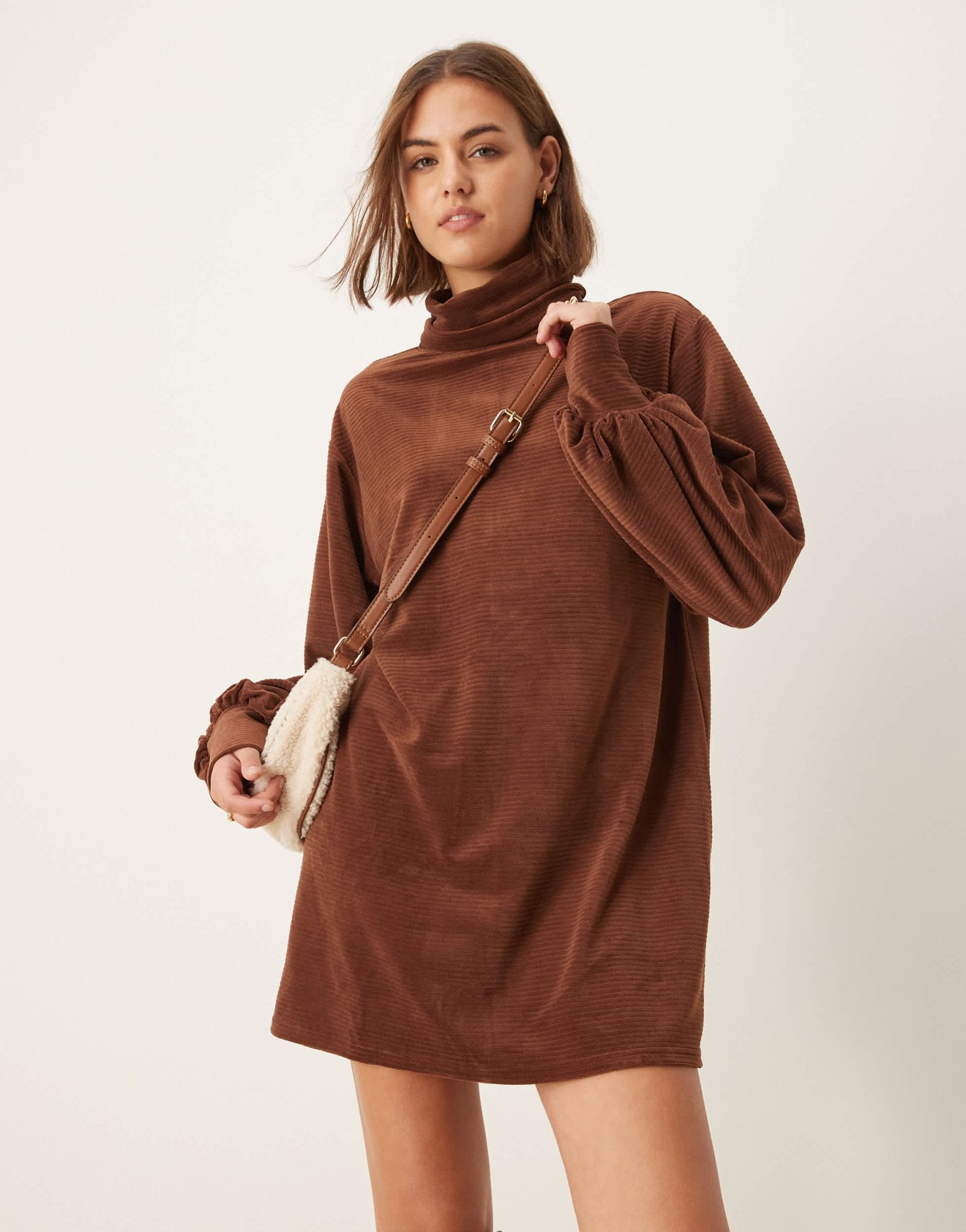 ASOS DESIGN chunky cord roll neck slouchy mini dress in chocolate - ASOS Sample Sale