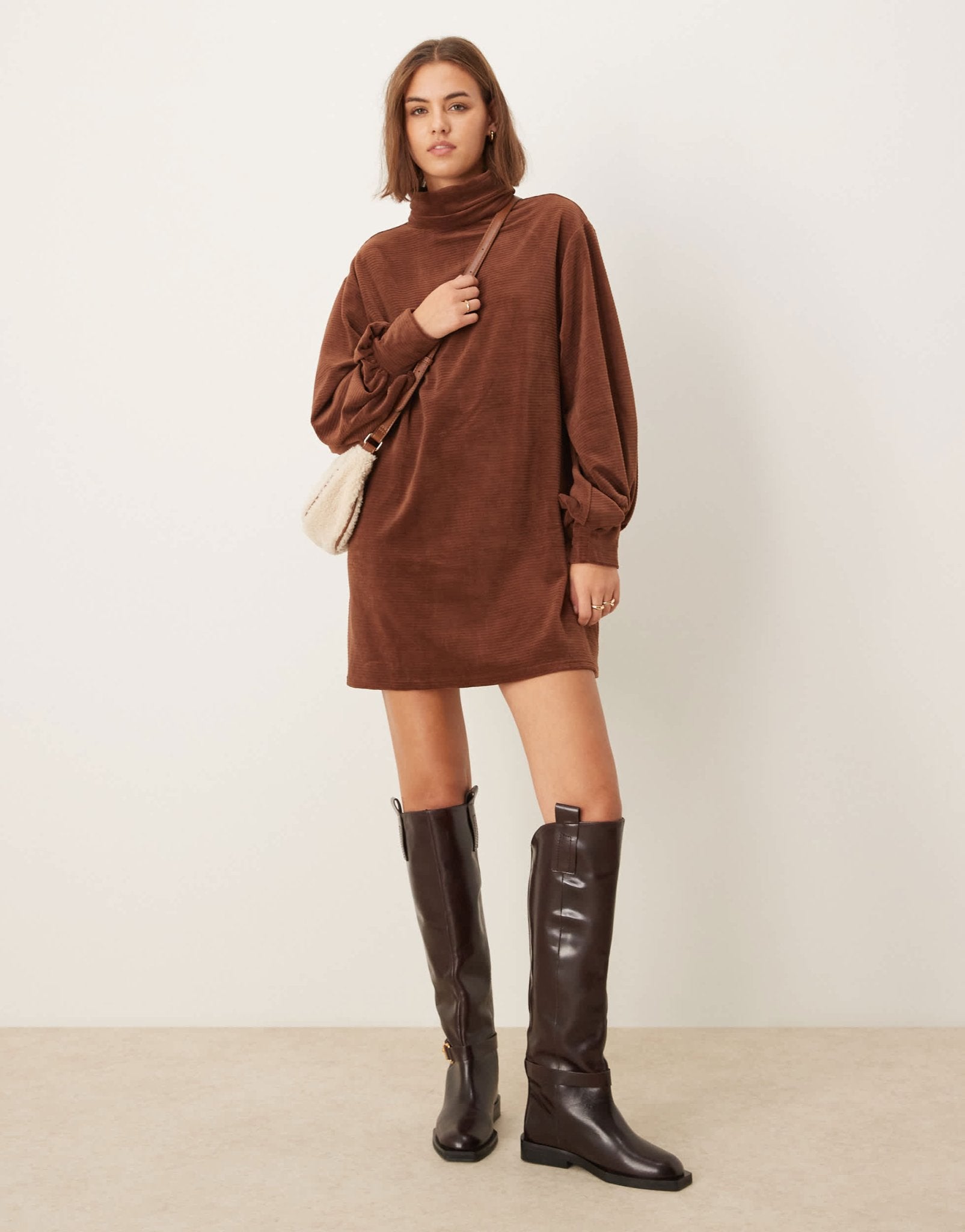 ASOS DESIGN chunky cord roll neck slouchy mini dress in chocolate - ASOS Sample Sale