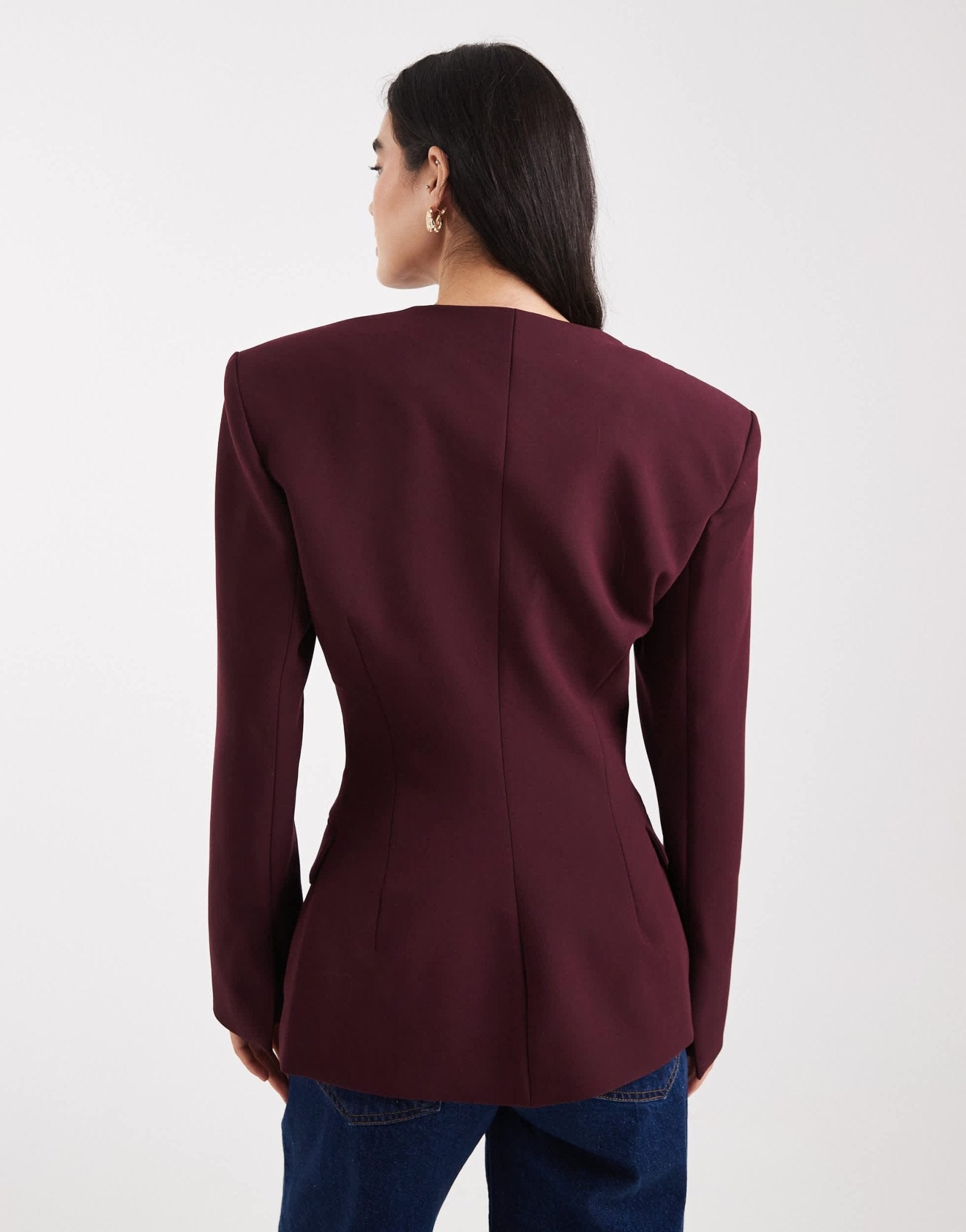 ASOS DESIGN cinch collarless 3 button blazer in plum - ASOS Sample Sale