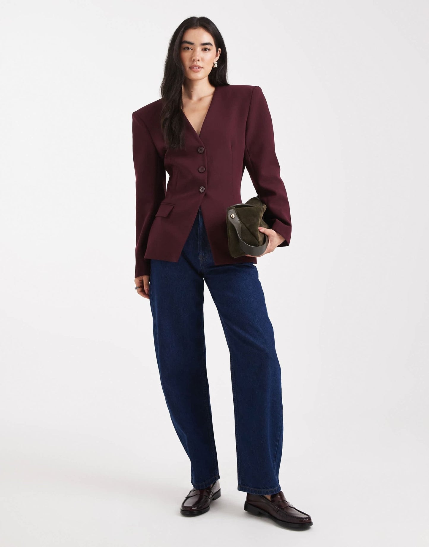 ASOS DESIGN cinch collarless 3 button blazer in plum - ASOS Sample Sale
