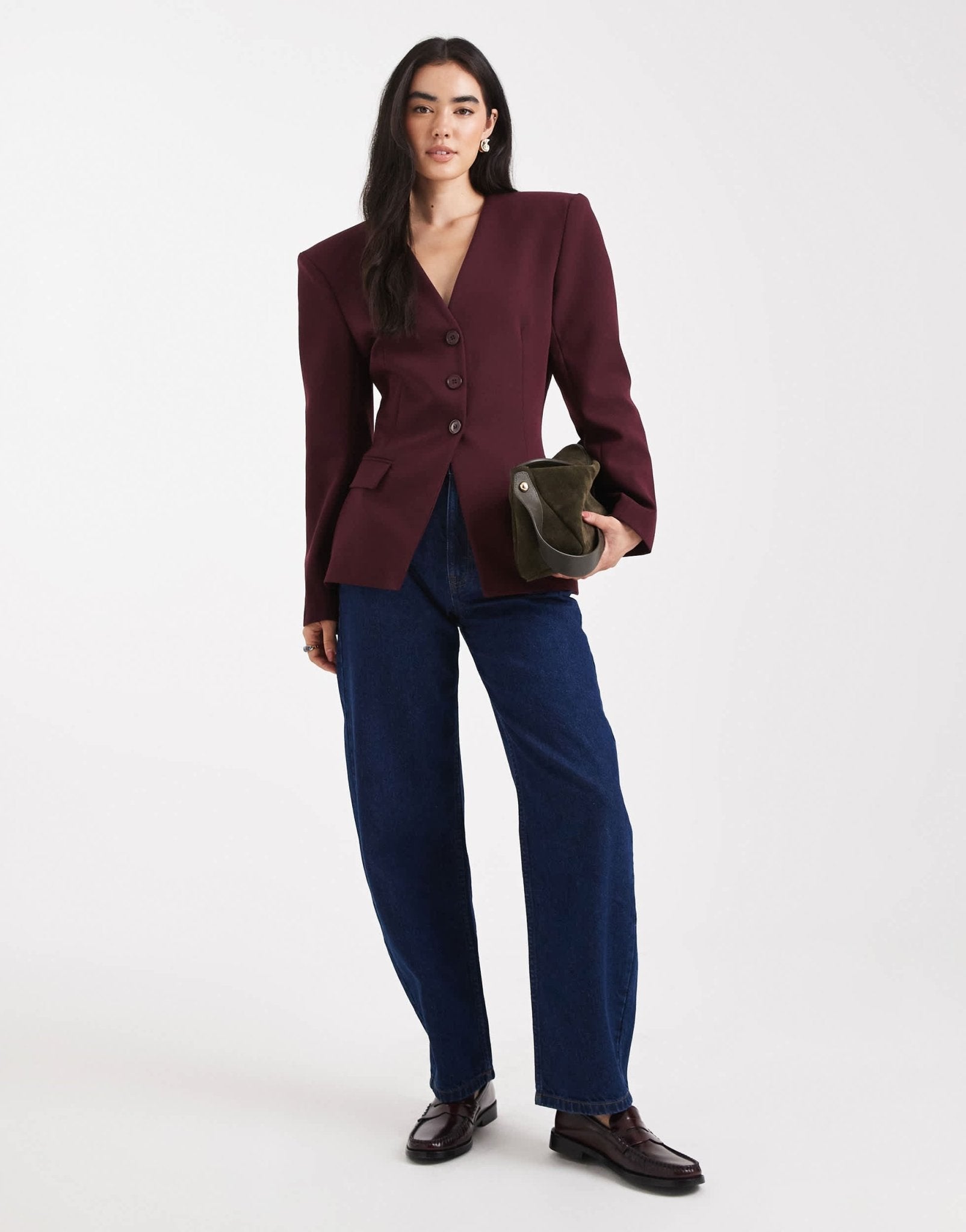 ASOS DESIGN cinch collarless 3 button blazer in plum - ASOS Sample Sale