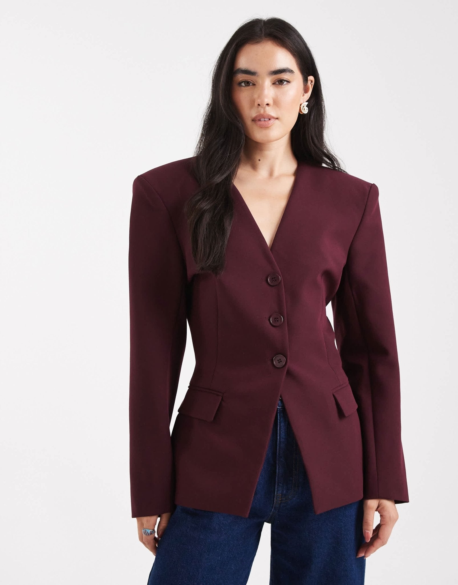 ASOS DESIGN cinch collarless 3 button blazer in plum - ASOS Sample Sale