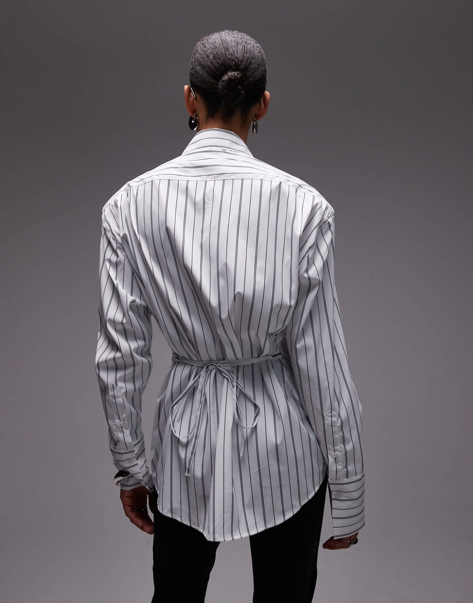 ASOS DESIGN cinch shoulder pad shirt with tie back in black pinstripe - ASOS Sample Sale