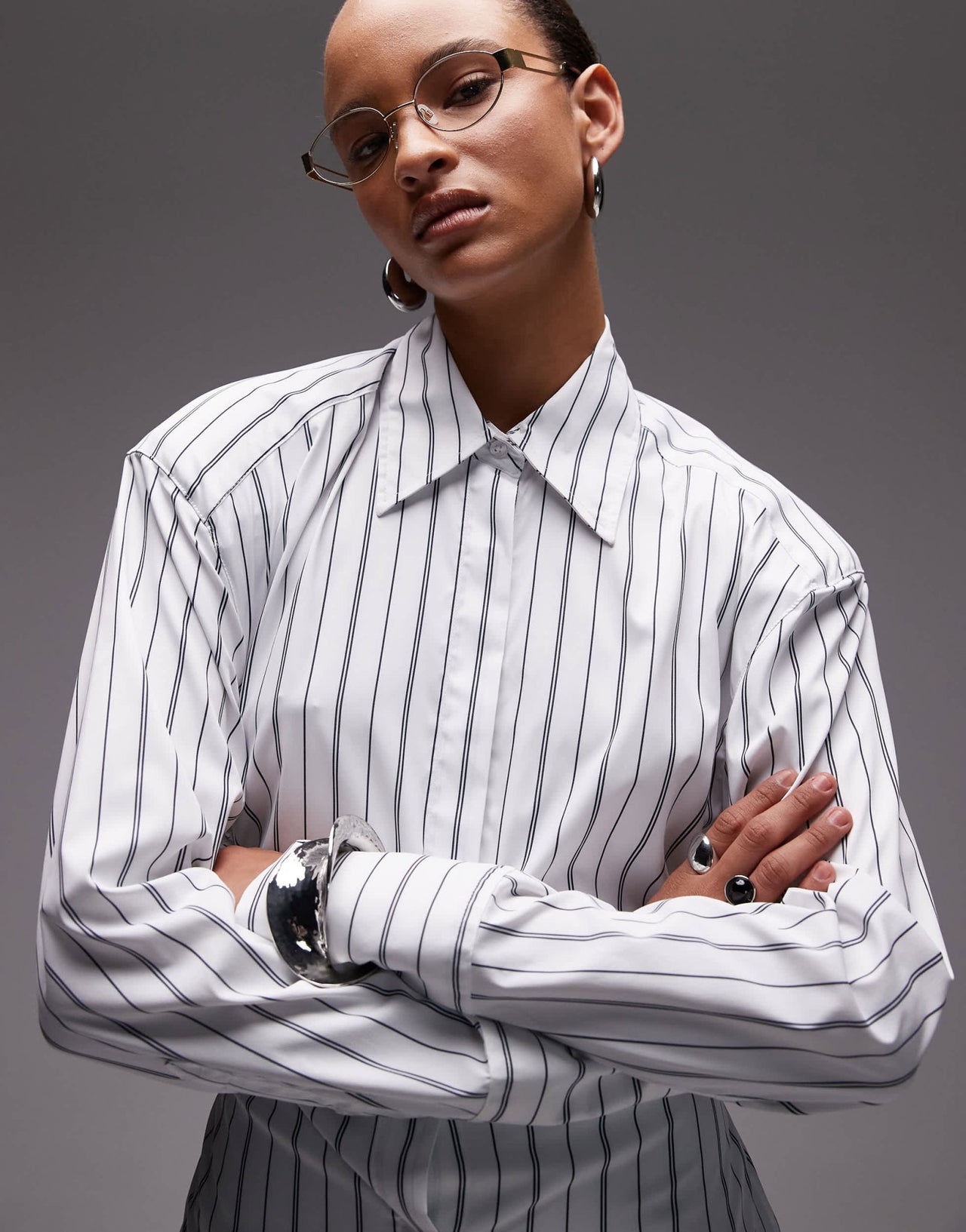 ASOS DESIGN cinch shoulder pad shirt with tie back in black pinstripe - ASOS Sample Sale