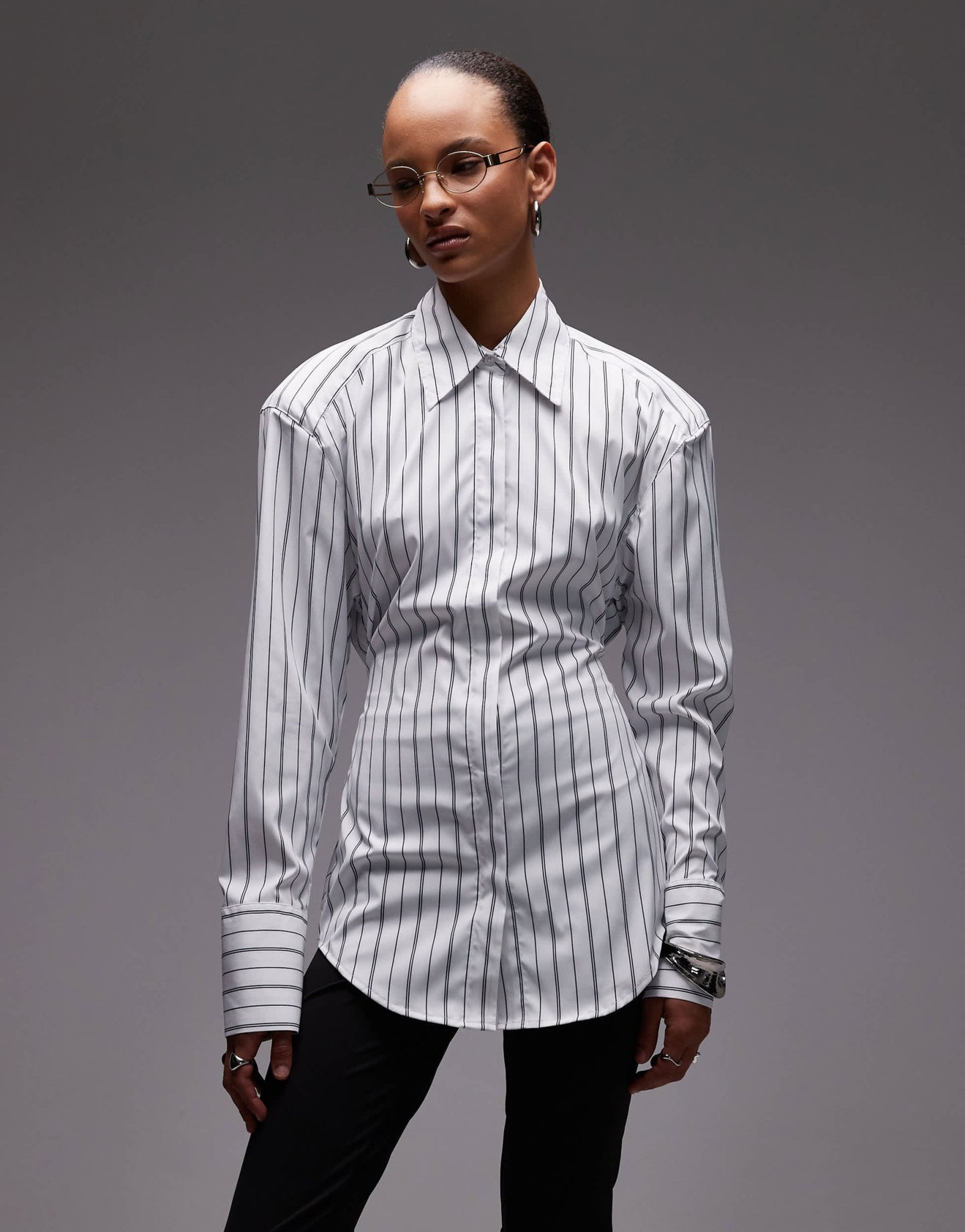 ASOS DESIGN cinch shoulder pad shirt with tie back in black pinstripe - ASOS Sample Sale