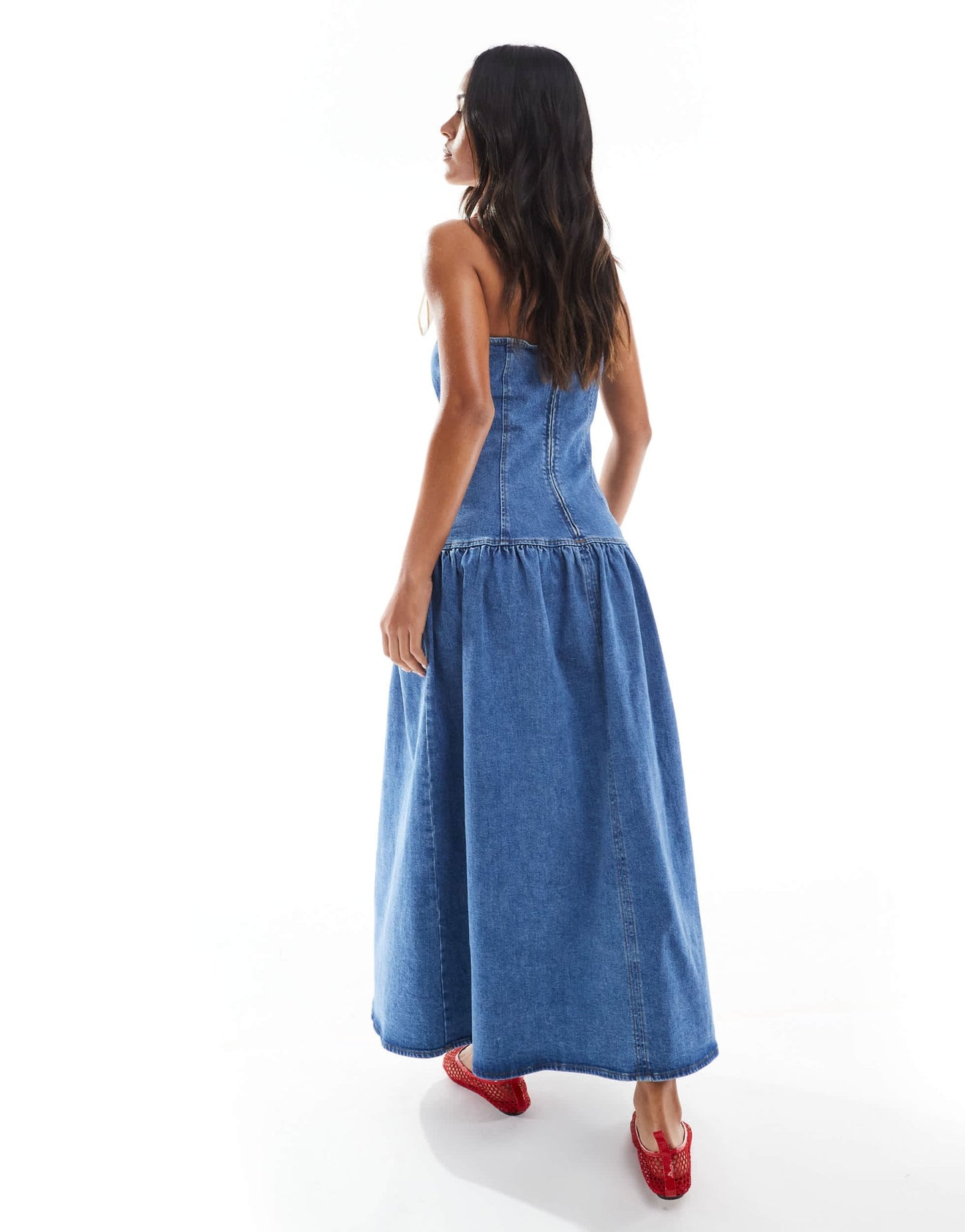 ASOS DESIGN cinch waist bandeau denim midi dress with dropped waist in mid blue - ASOS Sample Sale