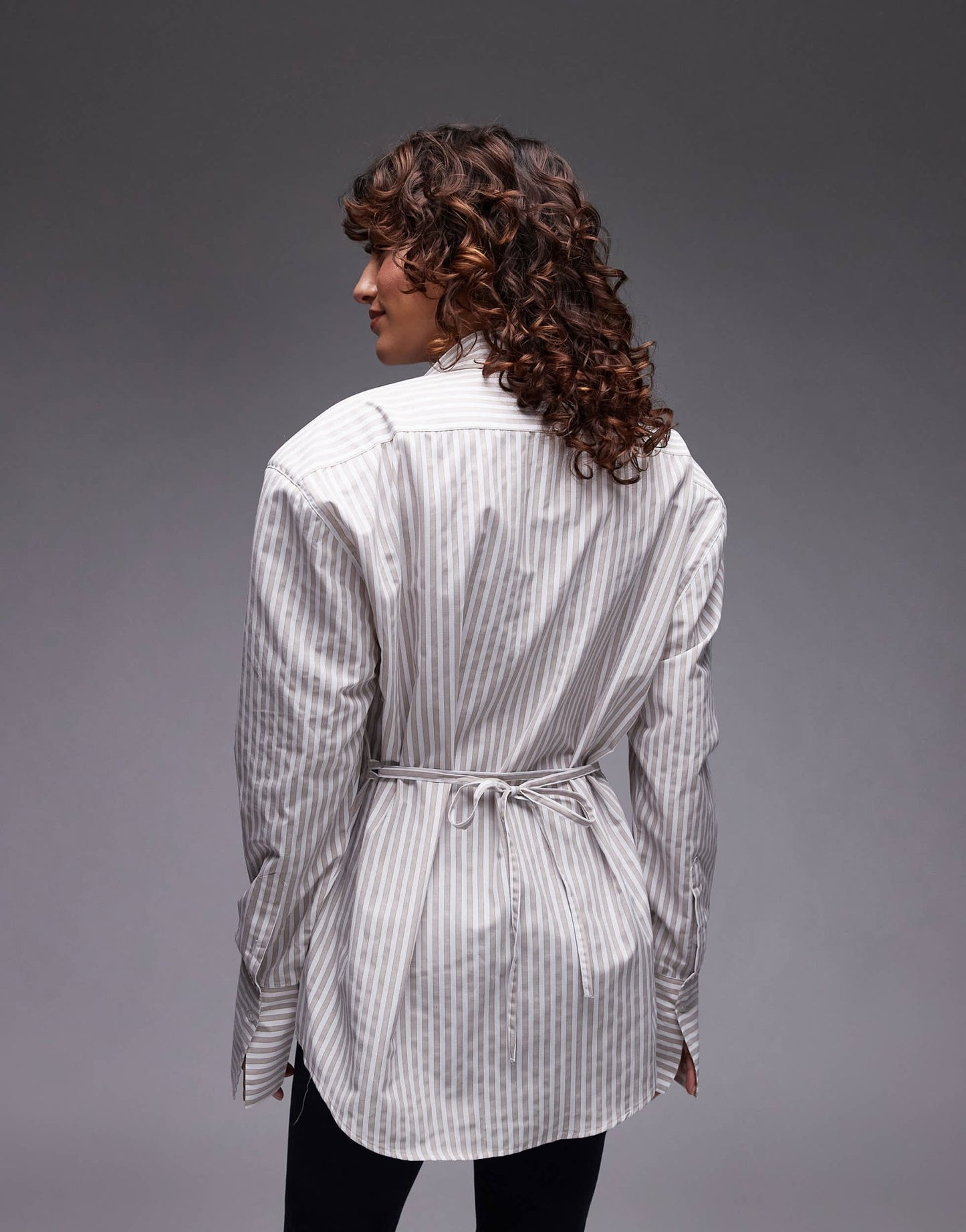 ASOS DESIGN cinch waist shirt with shoulder pads in brown stripe - ASOS Sample Sale