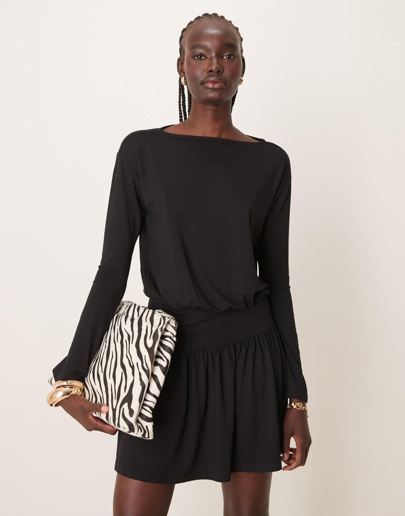 ASOS DESIGN cinched drop waist slash neck mini dress in black - ASOS Sample Sale