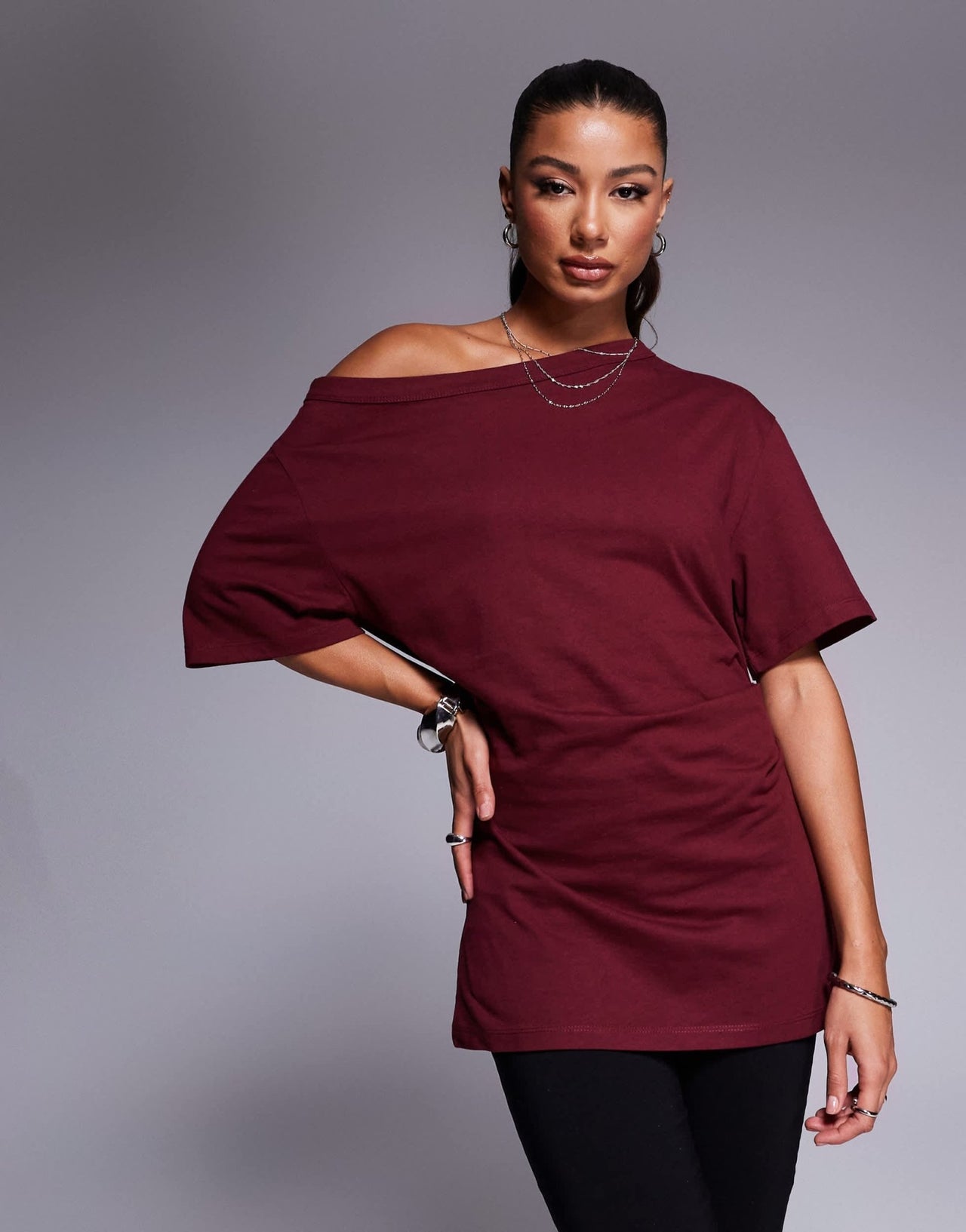 ASOS DESIGN cinched in slash neck one shoulder top in burgundy - ASOS Sample Sale