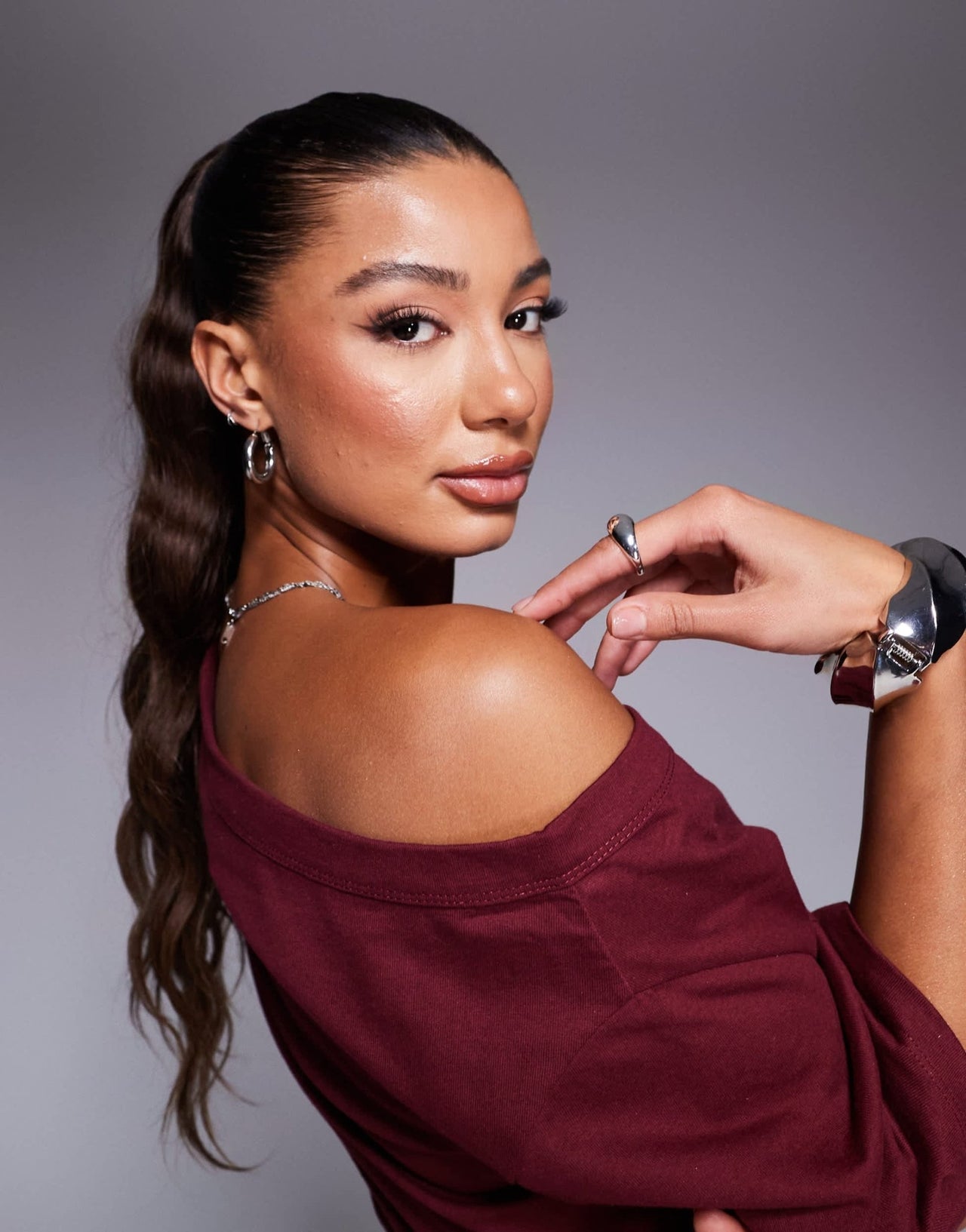 ASOS DESIGN cinched in slash neck one shoulder top in burgundy - ASOS Sample Sale