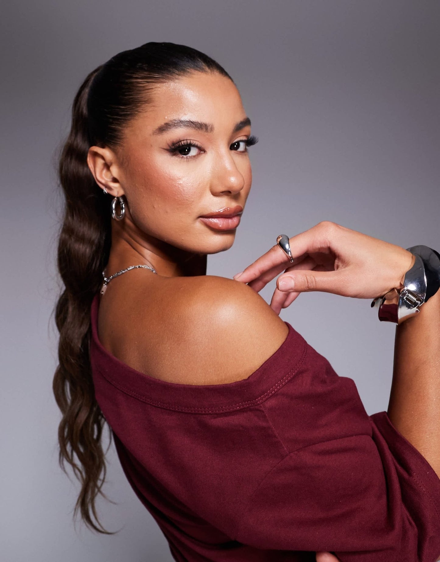ASOS DESIGN cinched in slash neck one shoulder top in burgundy - ASOS Sample Sale