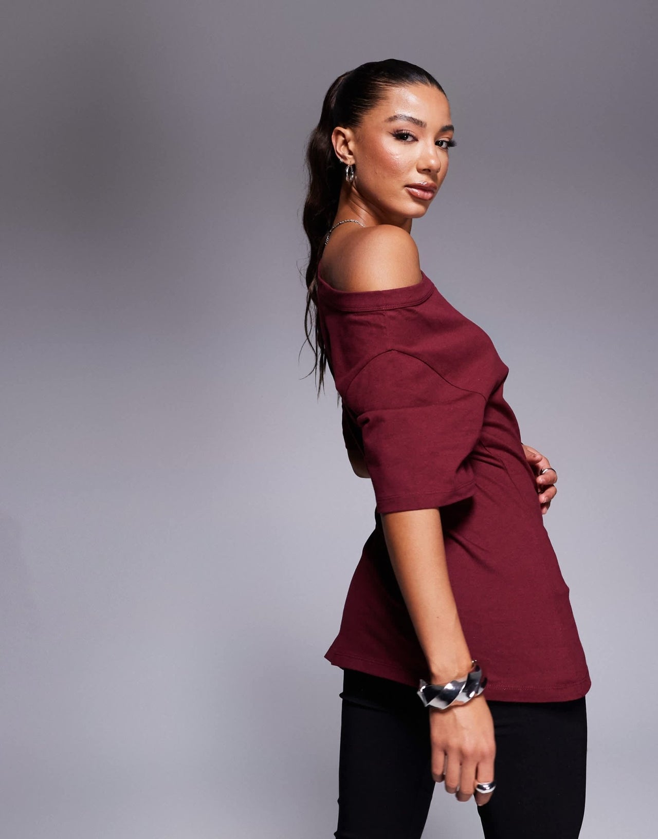 ASOS DESIGN cinched in slash neck one shoulder top in burgundy - ASOS Sample Sale