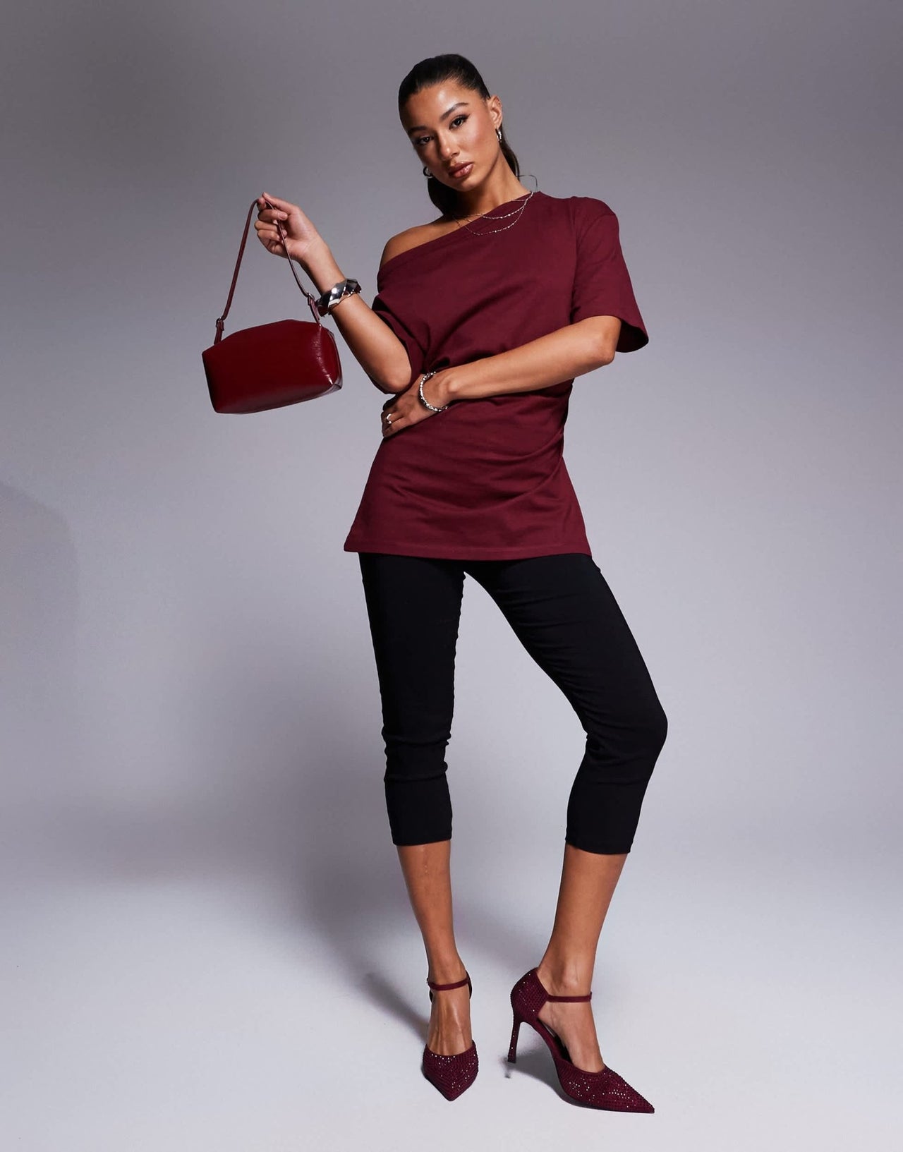 ASOS DESIGN cinched in slash neck one shoulder top in burgundy - ASOS Sample Sale