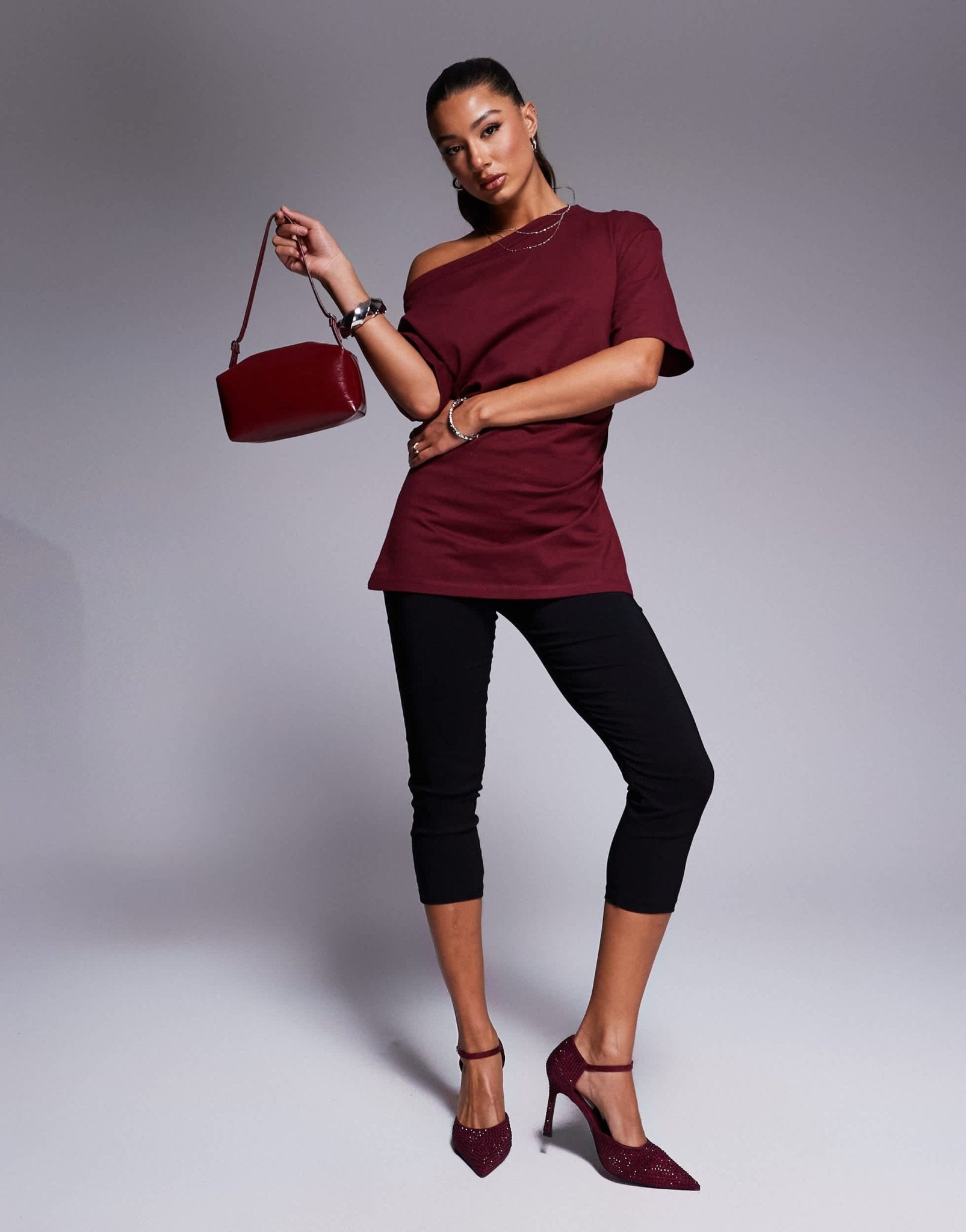 ASOS DESIGN cinched in slash neck one shoulder top in burgundy - ASOS Sample Sale
