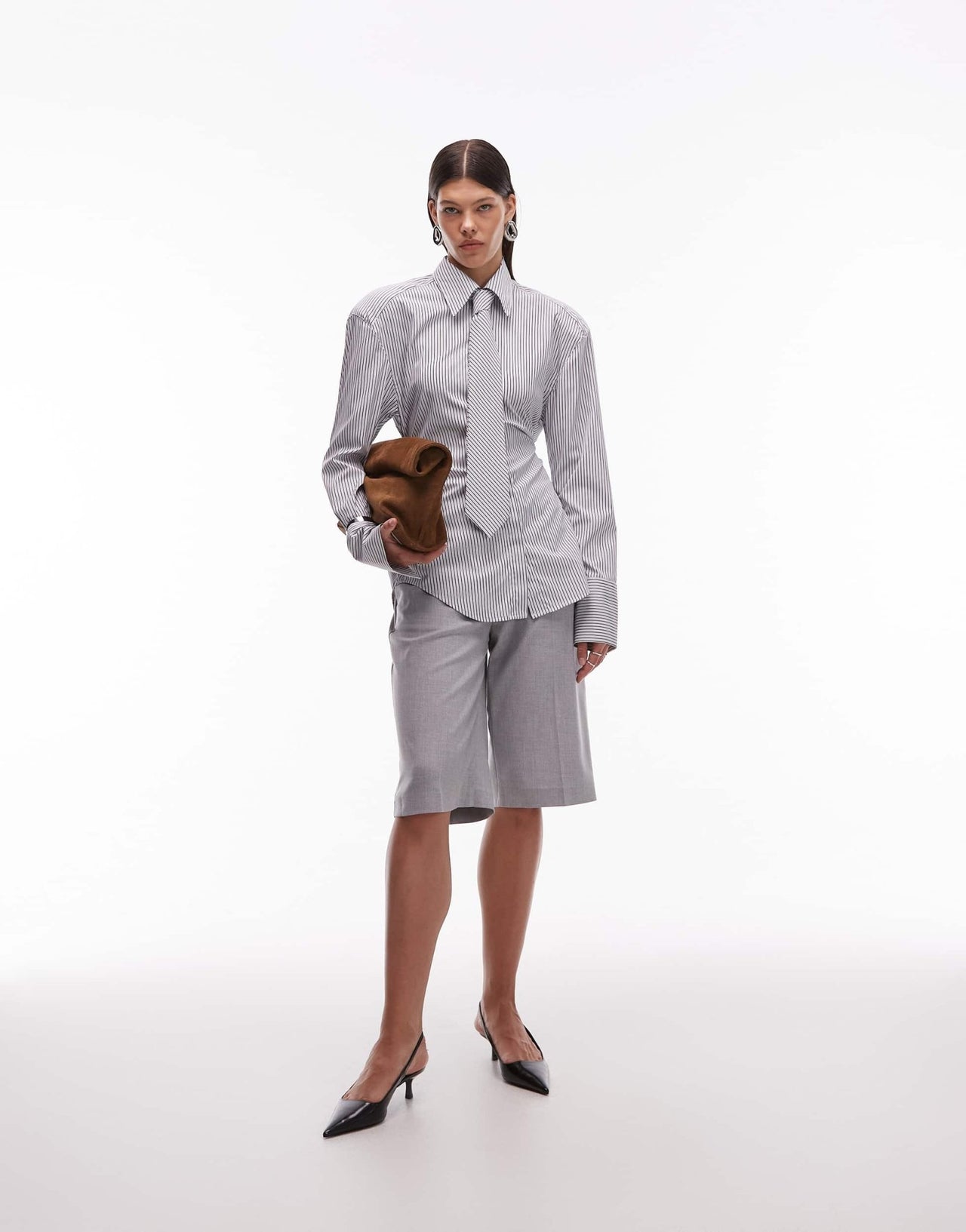 ASOS DESIGN cinched shoulder pad shirt with tie in black pinstripe - ASOS Sample Sale