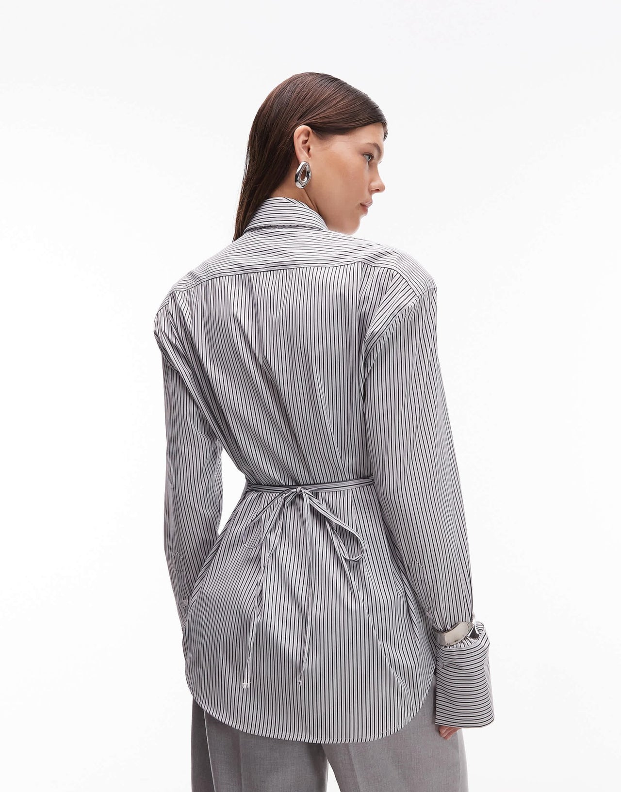 ASOS DESIGN cinched shoulder pad shirt with tie in black pinstripe - ASOS Sample Sale