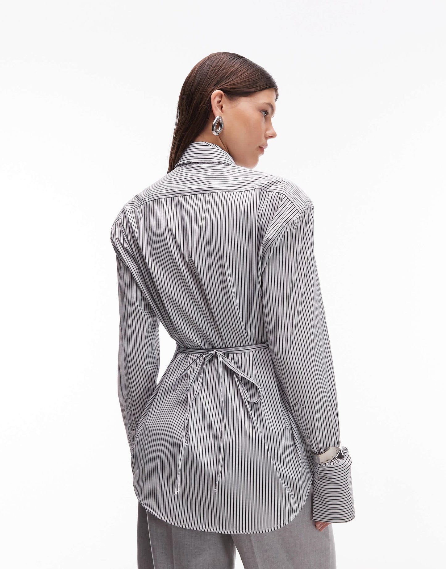 ASOS DESIGN cinched shoulder pad shirt with tie in black pinstripe - ASOS Sample Sale
