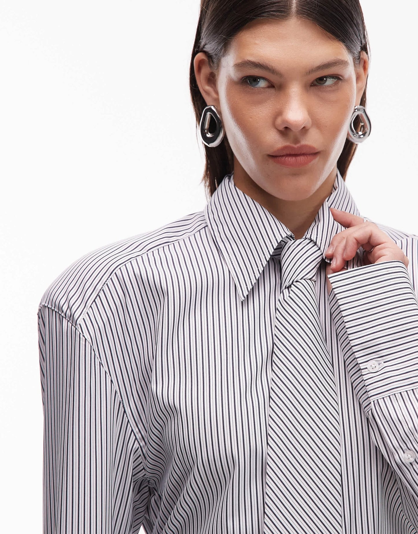 ASOS DESIGN cinched shoulder pad shirt with tie in black pinstripe - ASOS Sample Sale