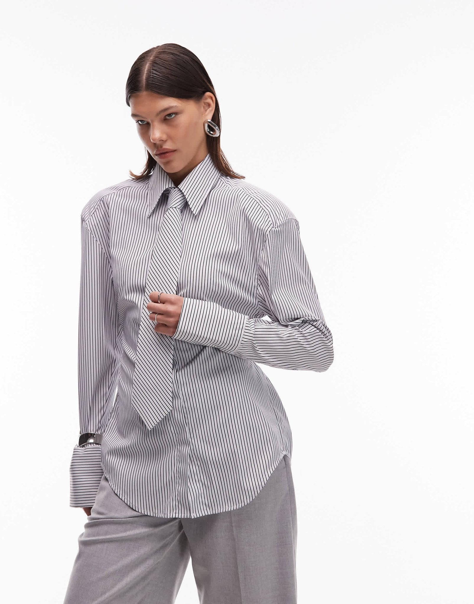 ASOS DESIGN cinched shoulder pad shirt with tie in black pinstripe - ASOS Sample Sale