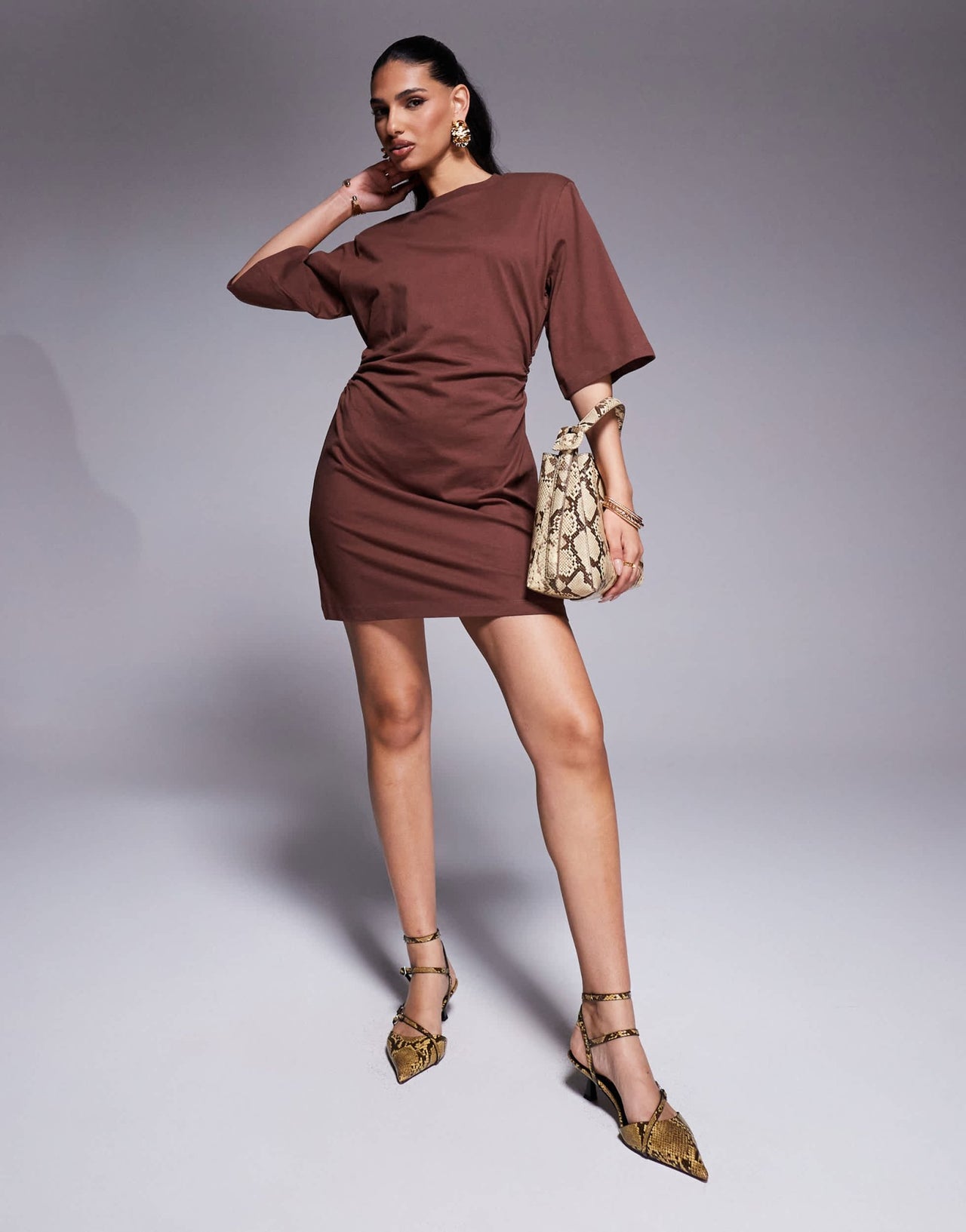 ASOS DESIGN cinched t-shirt mini dress with shoulder pads in brown - ASOS Sample Sale