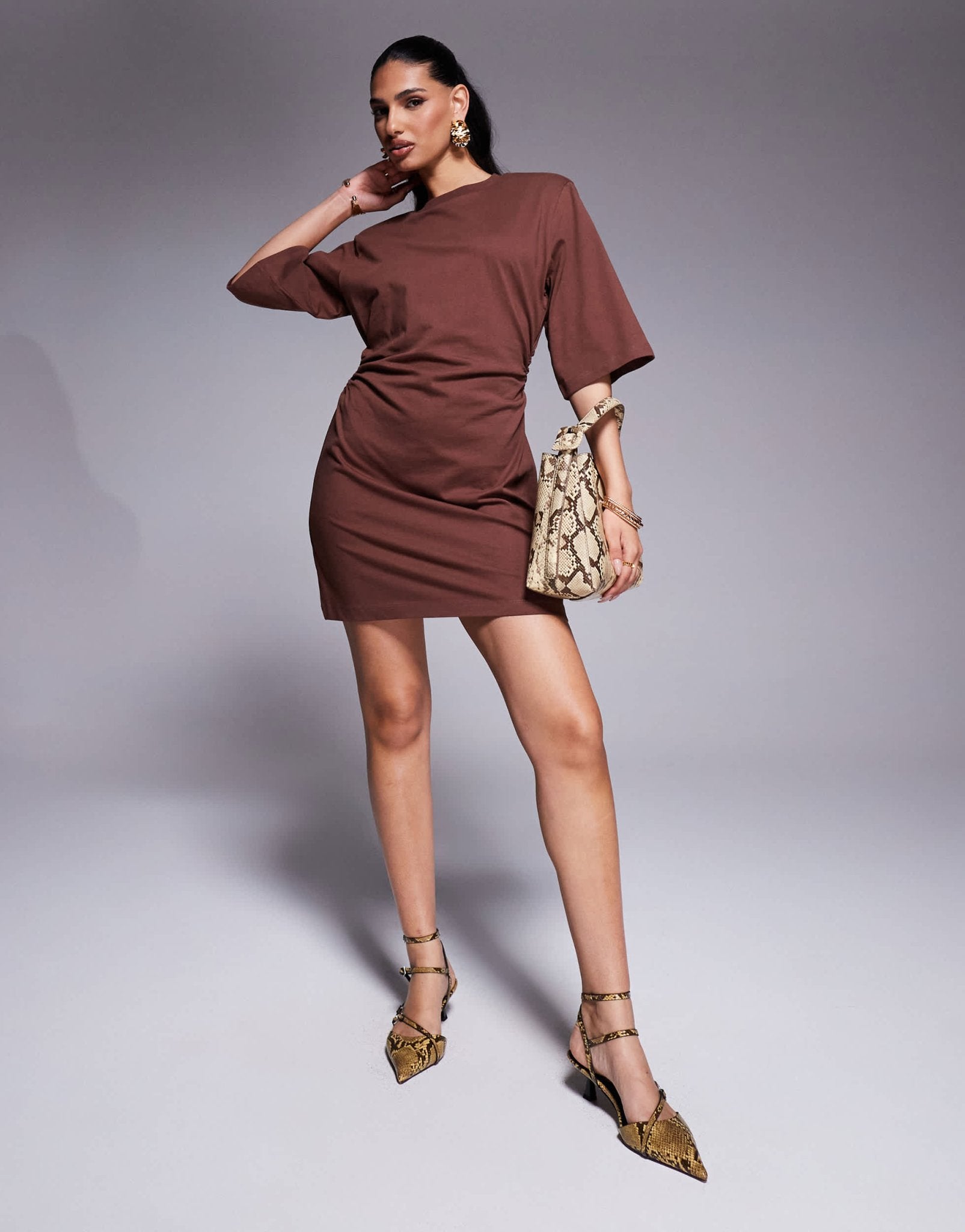 ASOS DESIGN cinched t-shirt mini dress with shoulder pads in brown - ASOS Sample Sale