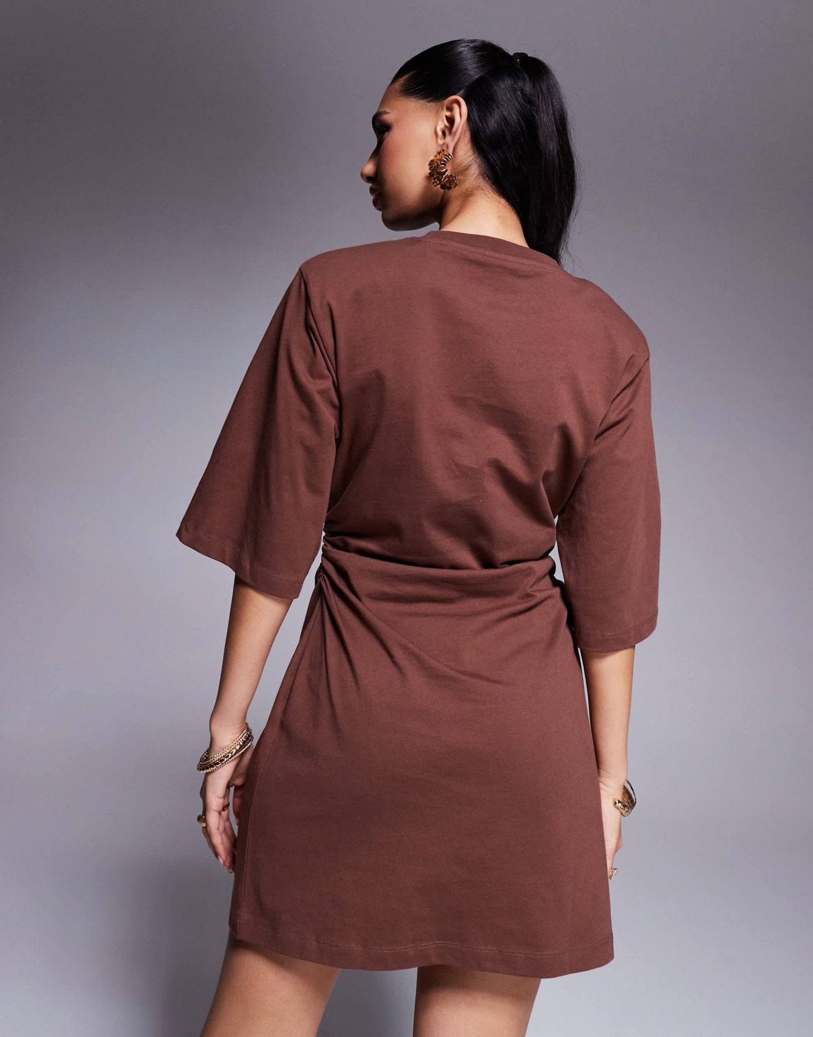 ASOS DESIGN cinched t-shirt mini dress with shoulder pads in brown - ASOS Sample Sale