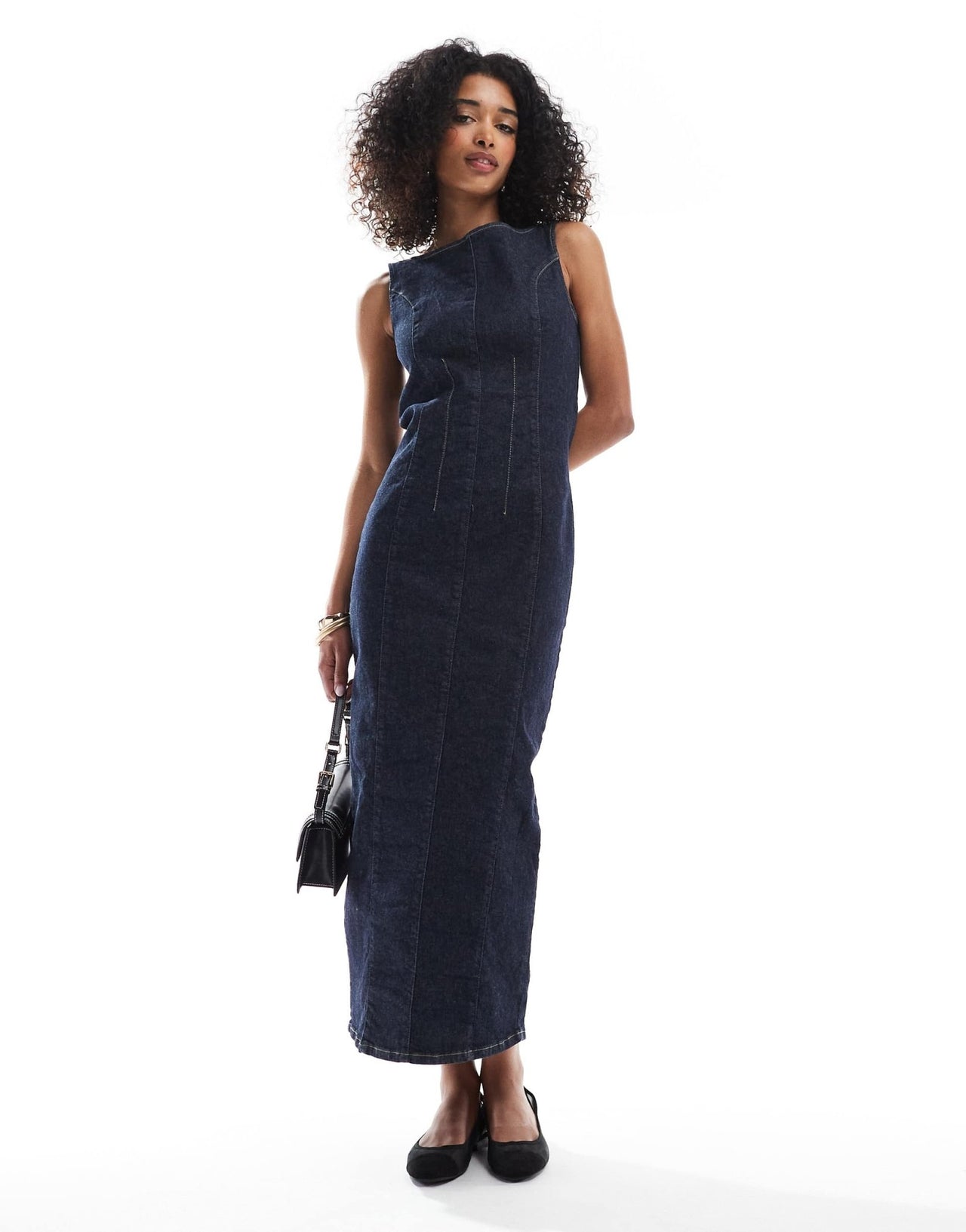 ASOS DESIGN cinched waist denim maxi dress with front slit in indigo - ASOS Sample Sale
