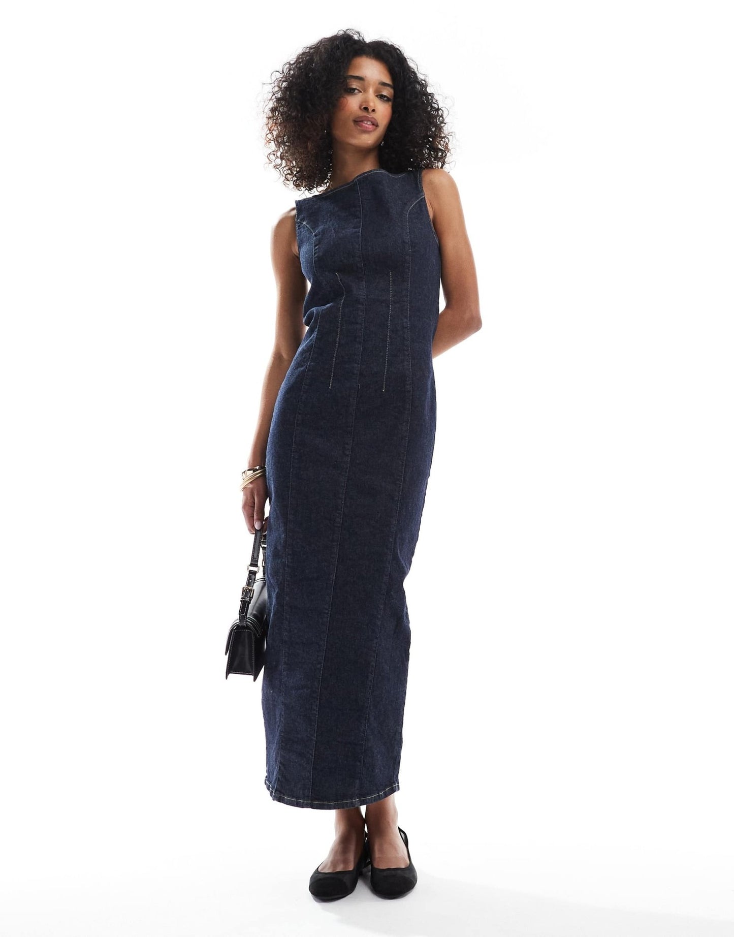 ASOS DESIGN cinched waist denim maxi dress with front slit in indigo - ASOS Sample Sale