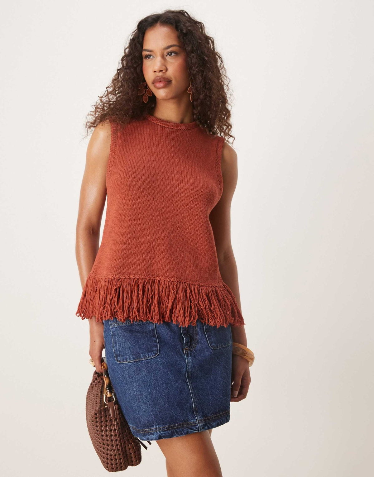 ASOS DESIGN clean knitted fringed tank in rust - ASOS Sample Sale