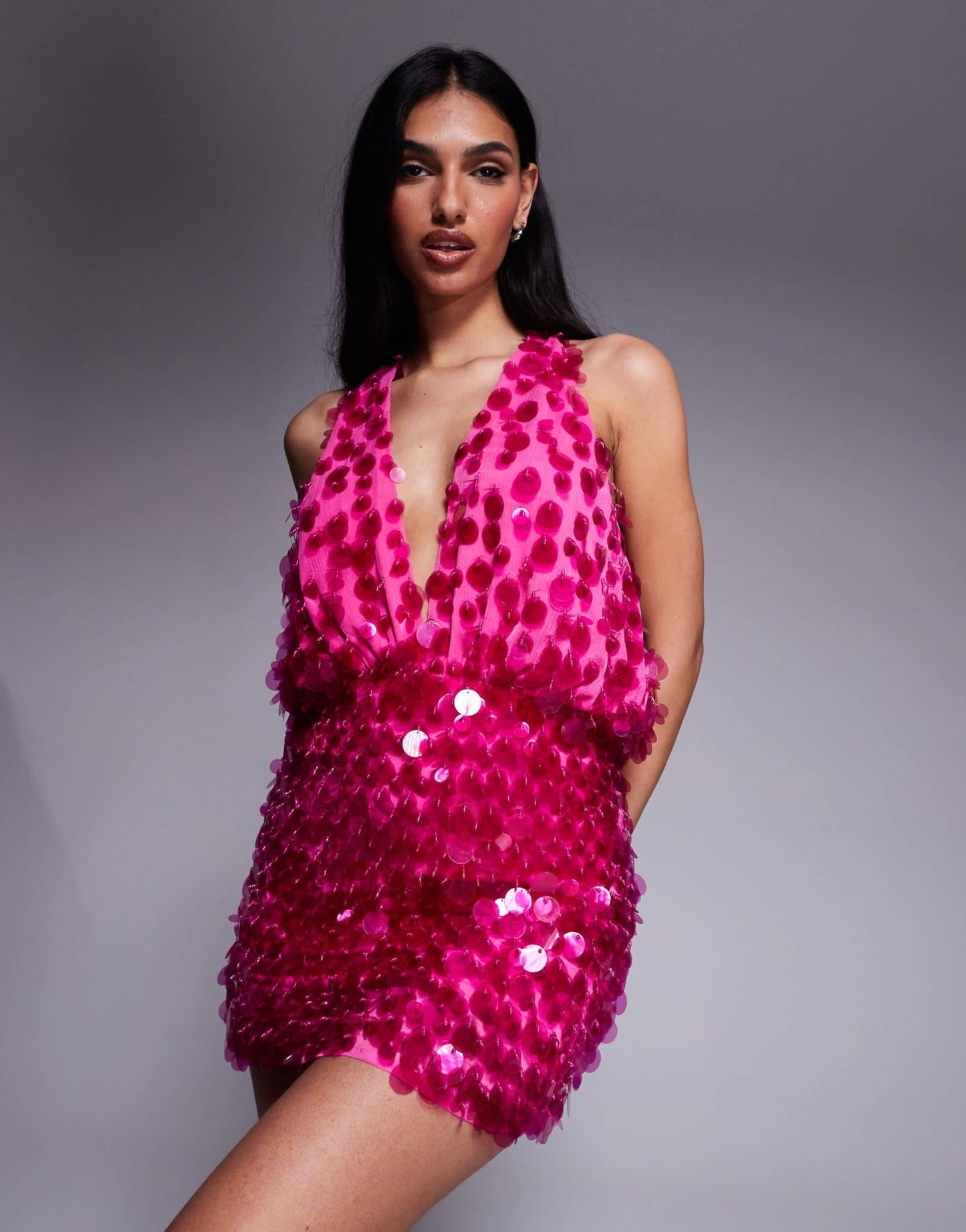 ASOS DESIGN clear sequin fringe halter mini dress in pink - ASOS Sample Sale