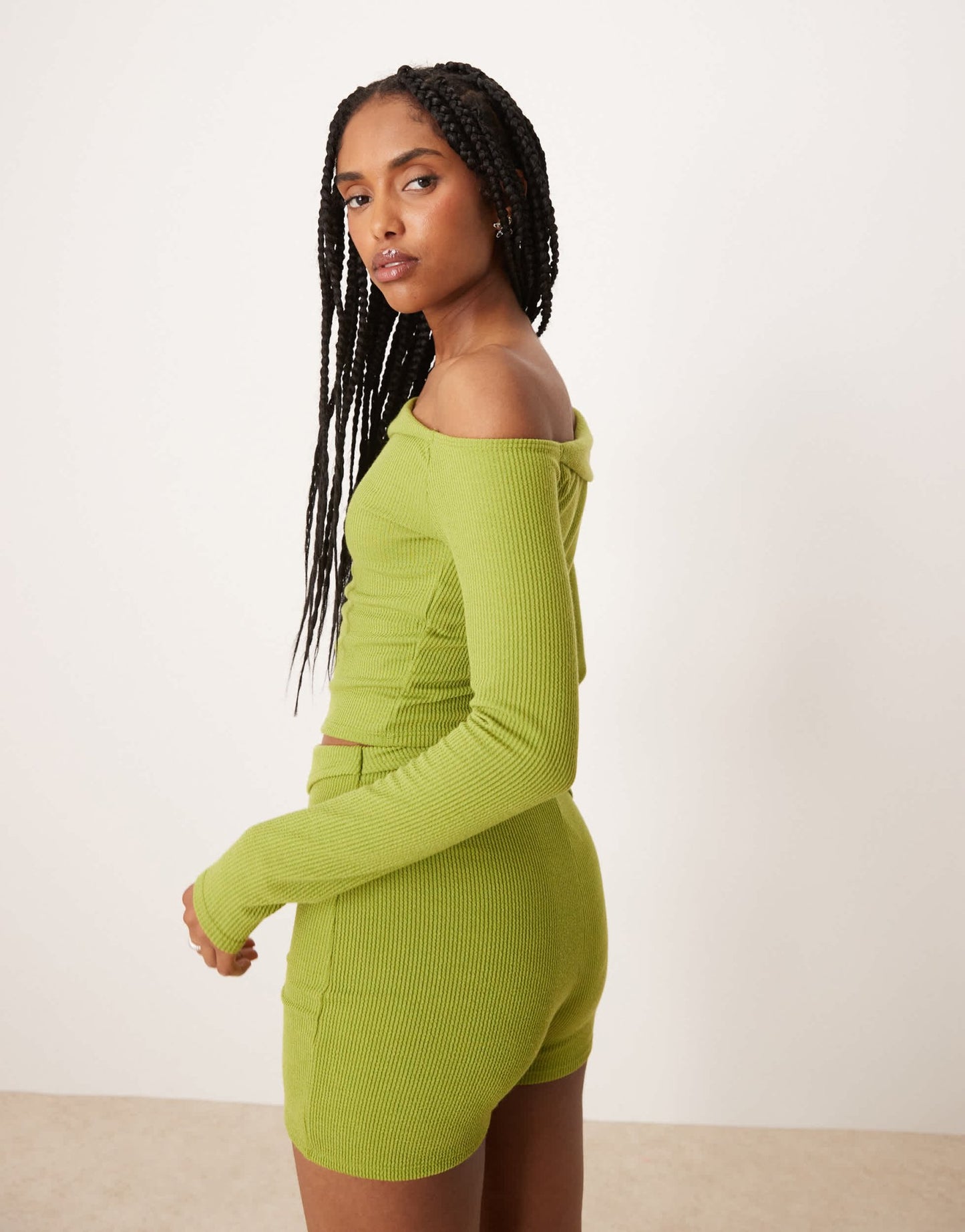ASOS DESIGN co-ord asymmetric rib bardot top in green - ASOS Sample Sale