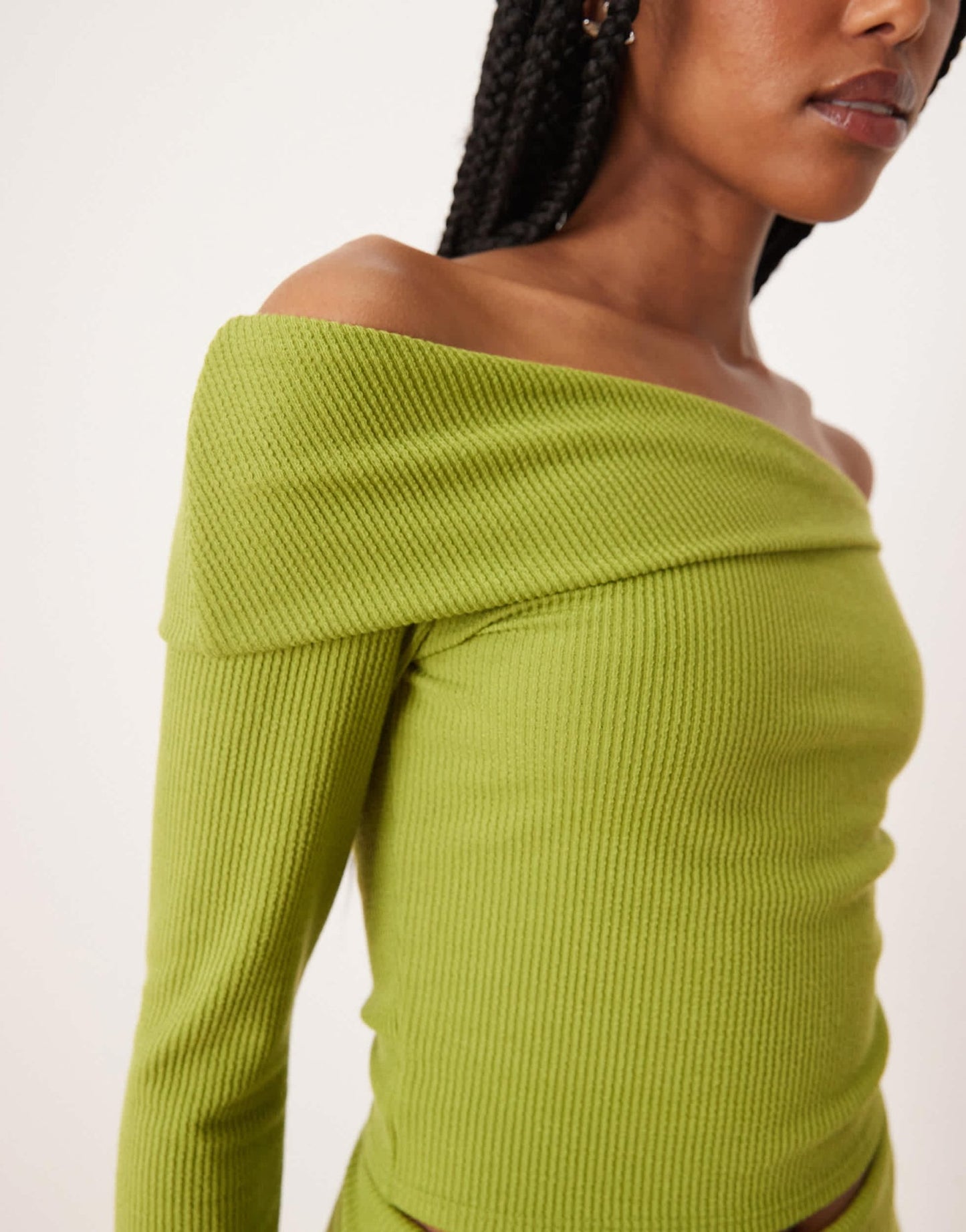 ASOS DESIGN co-ord asymmetric rib bardot top in green - ASOS Sample Sale