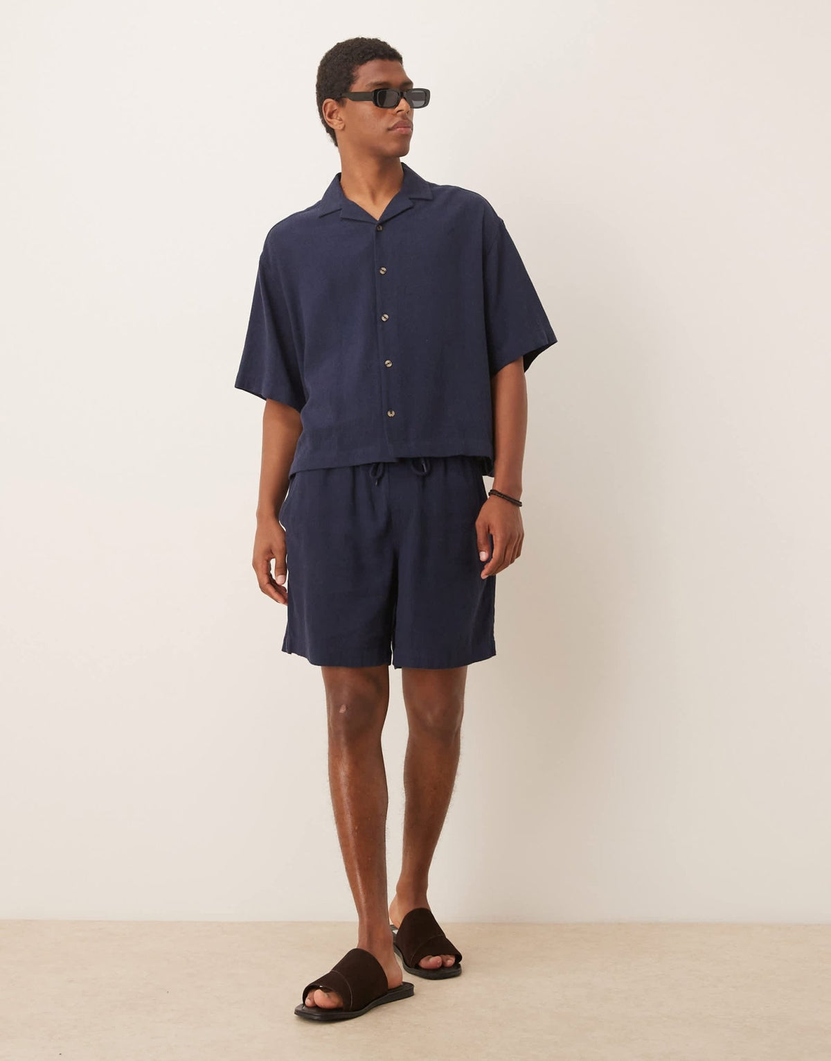 ASOS DESIGN co-ord baggy fit pull on shorts in navy linen rich - ASOS Sample Sale