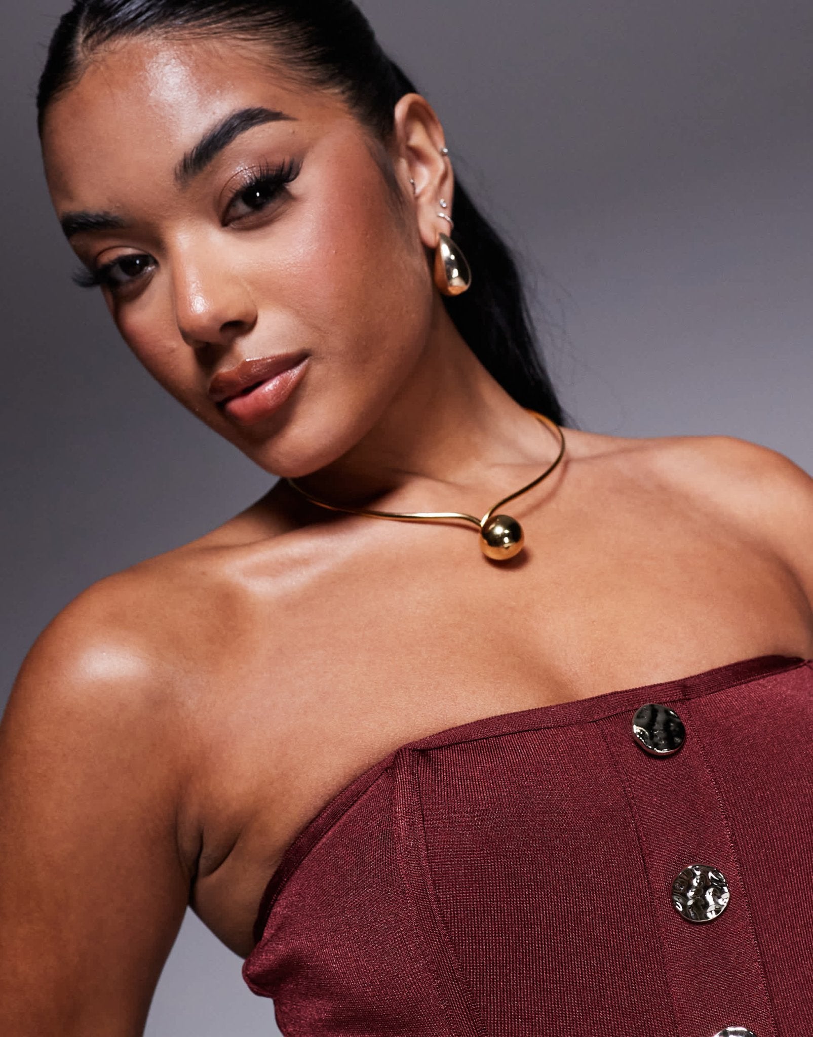 ASOS DESIGN co - ord bandage bandeau top with gold button detail in burgundy - ASOS Sample Sale
