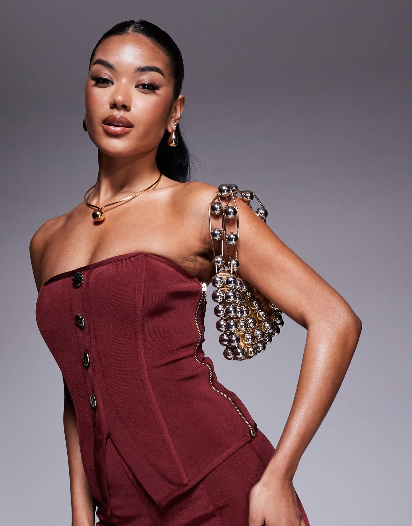 ASOS DESIGN co - ord bandage bandeau top with gold button detail in burgundy - ASOS Sample Sale