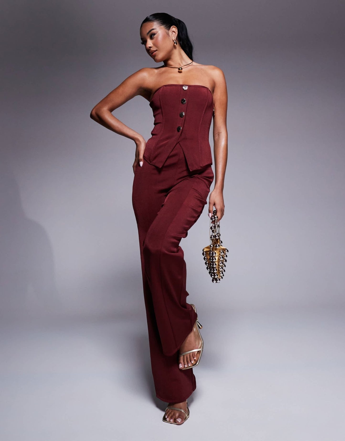 ASOS DESIGN co - ord bandage bandeau top with gold button detail in burgundy - ASOS Sample Sale