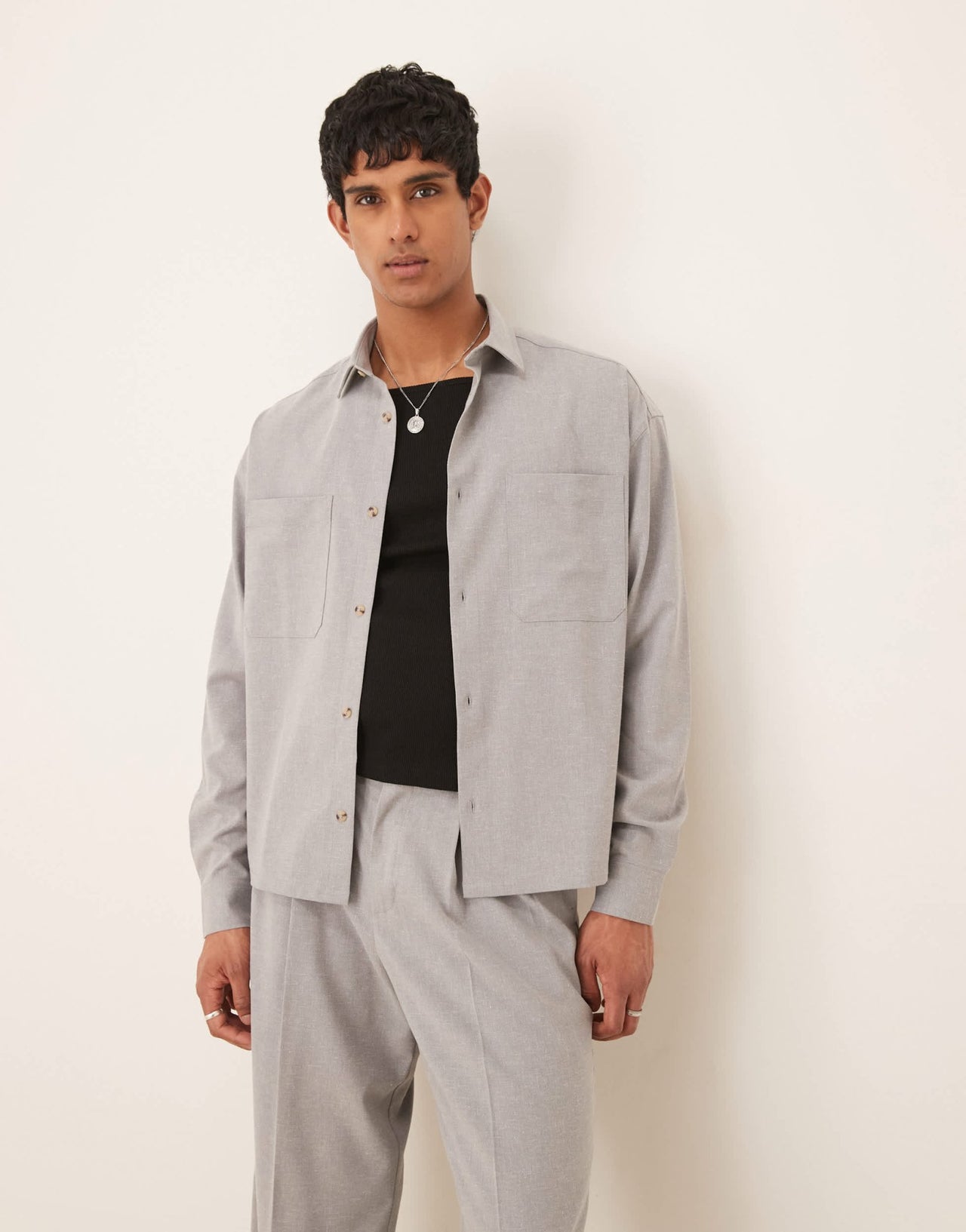 ASOS DESIGN co-ord boxy oversized linen blend cropped shirt in grey - ASOS Sample Sale