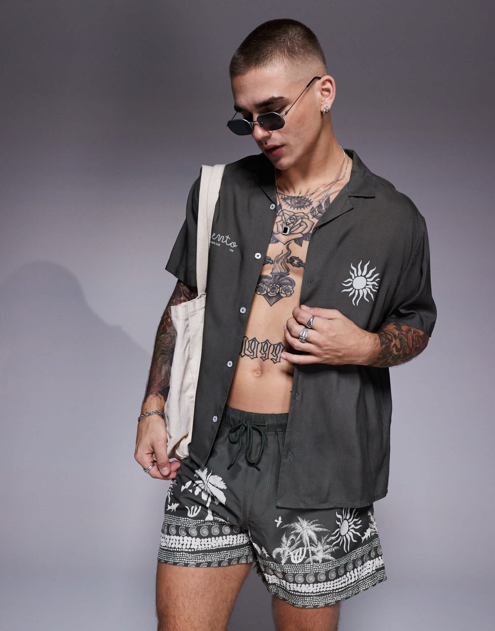 ASOS DESIGN co-ord boxy revere shirt with summer graphic in green - ASOS Sample Sale