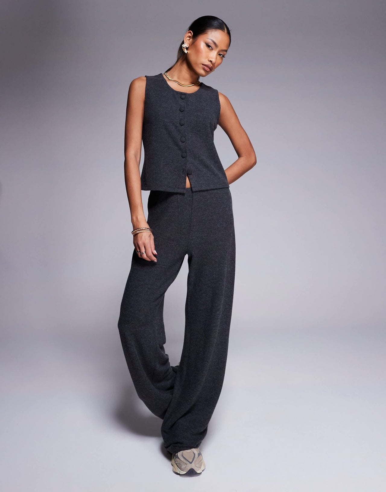 ASOS DESIGN co - ord brushed rib wide leg trouser in charcoal - ASOS Sample Sale
