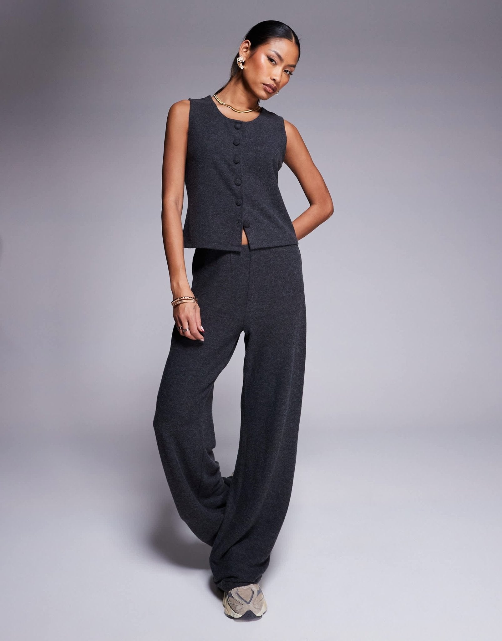 ASOS DESIGN co - ord brushed rib wide leg trouser in charcoal - ASOS Sample Sale